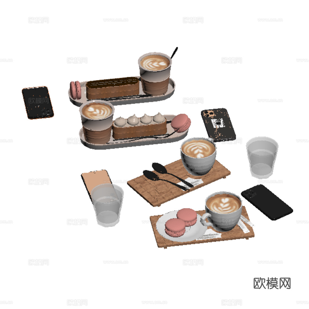 现代饮料 咖啡 甜品 手机 食物su模型