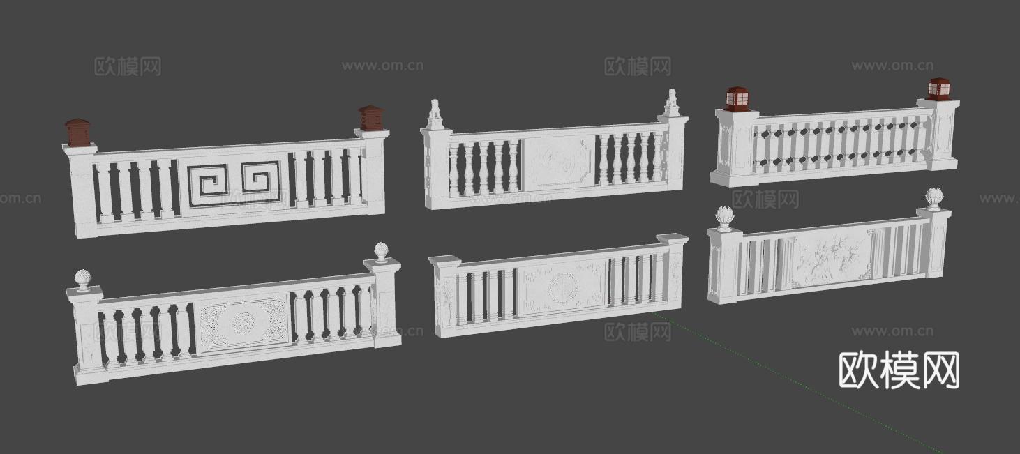 新中式栏杆 护栏 汉白玉护栏su模型