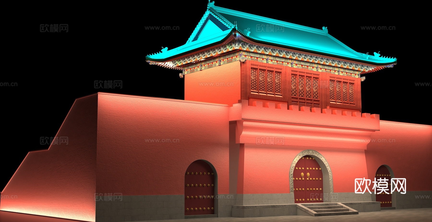 中式大门 寺庙 道馆 古建城门 古建城墙3d模型