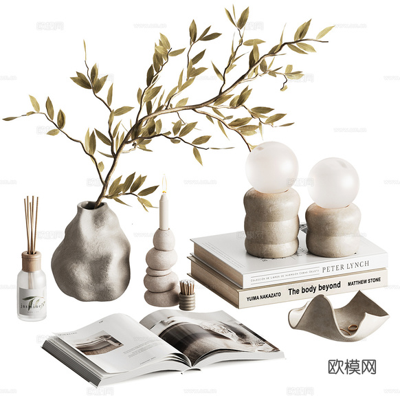 新中式饰品摆件 书本 花瓶3d模型下载(渲染图1)