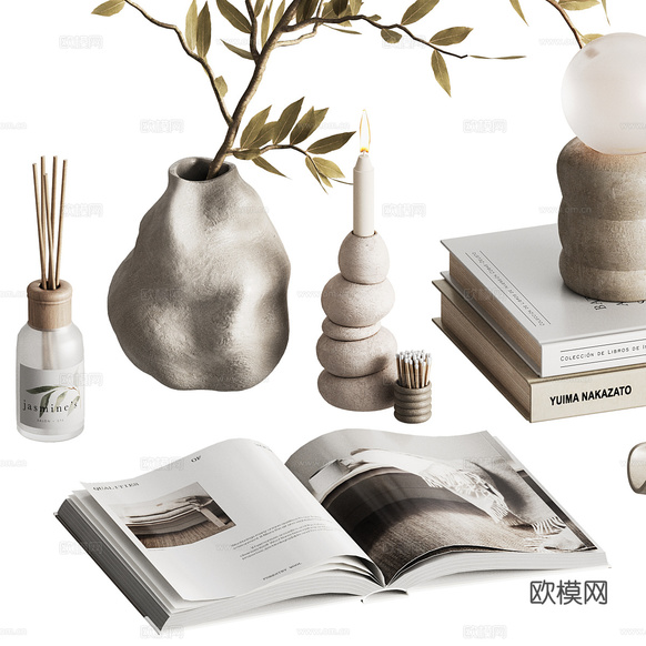 新中式饰品摆件 书本 花瓶3d模型下载(渲染图3)