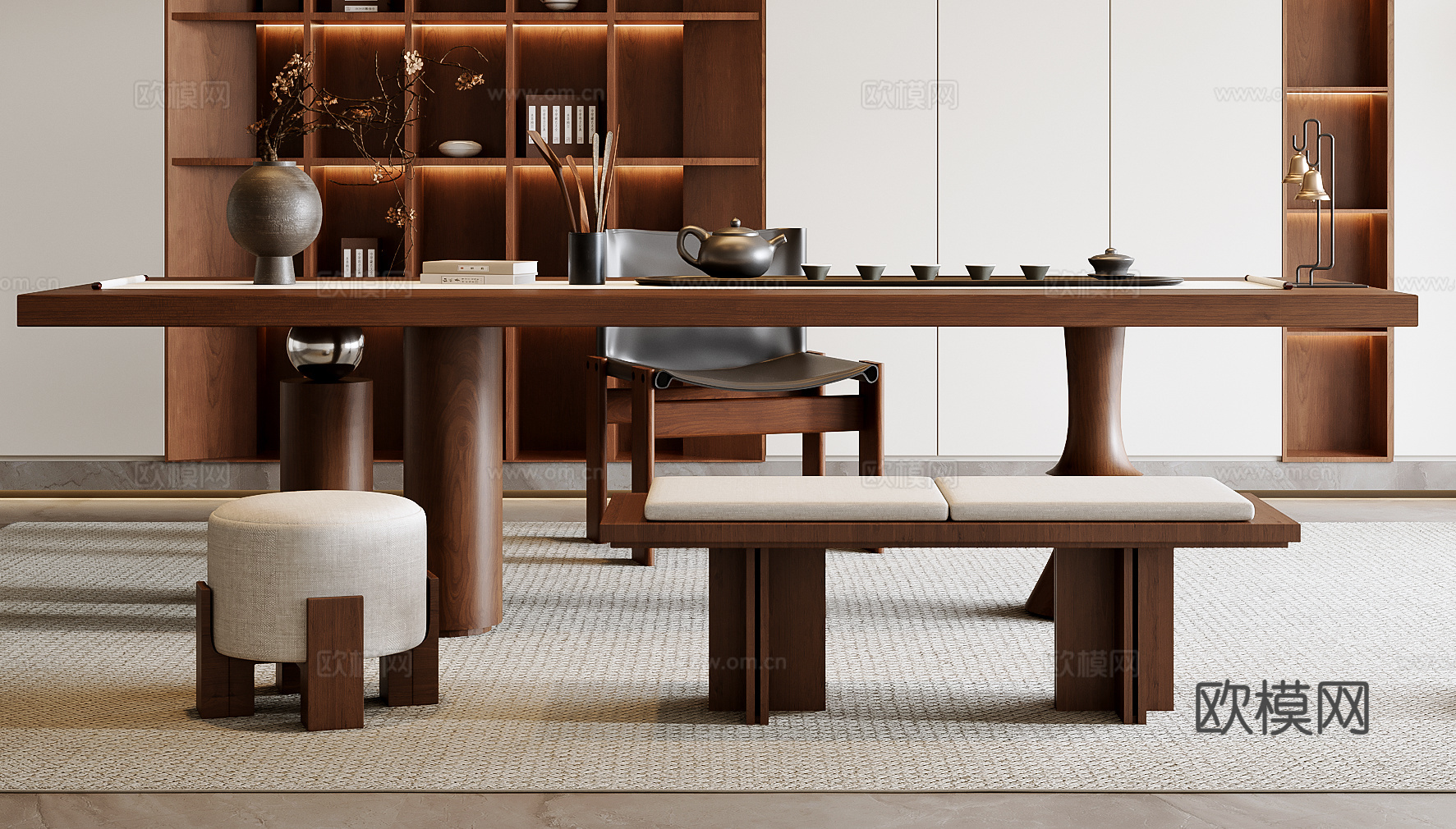 中古风茶桌椅3d模型下载