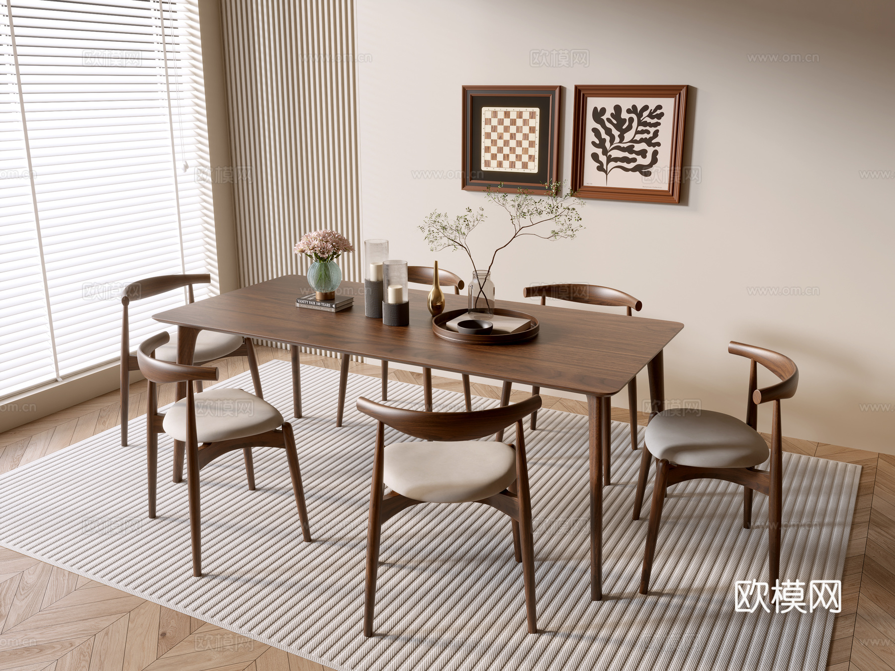 中古风餐桌椅su模型下载（渲染图2）