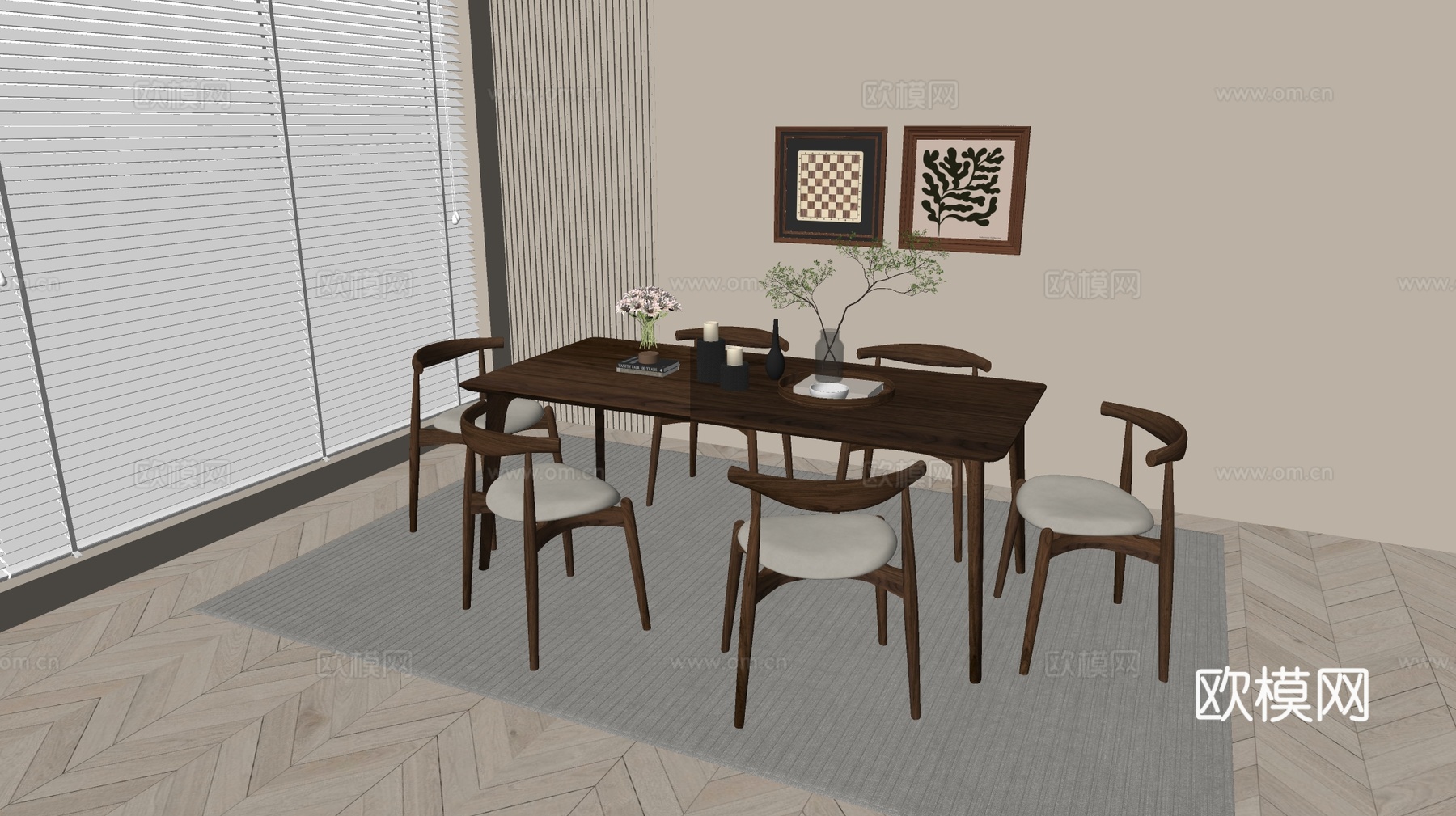中古风餐桌椅su模型下载（渲染图1）