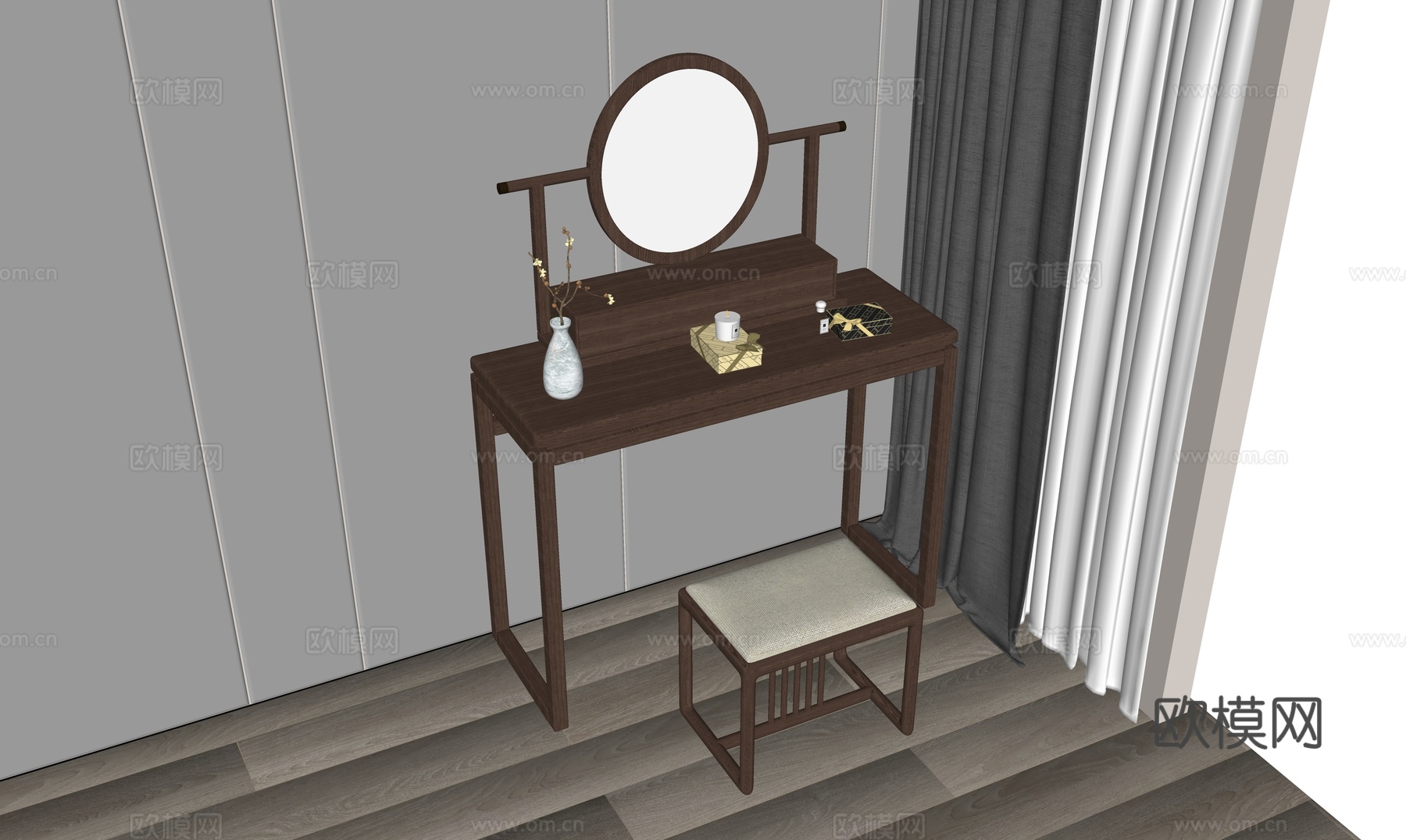 新中式梳妆台su模型下载（渲染图1）