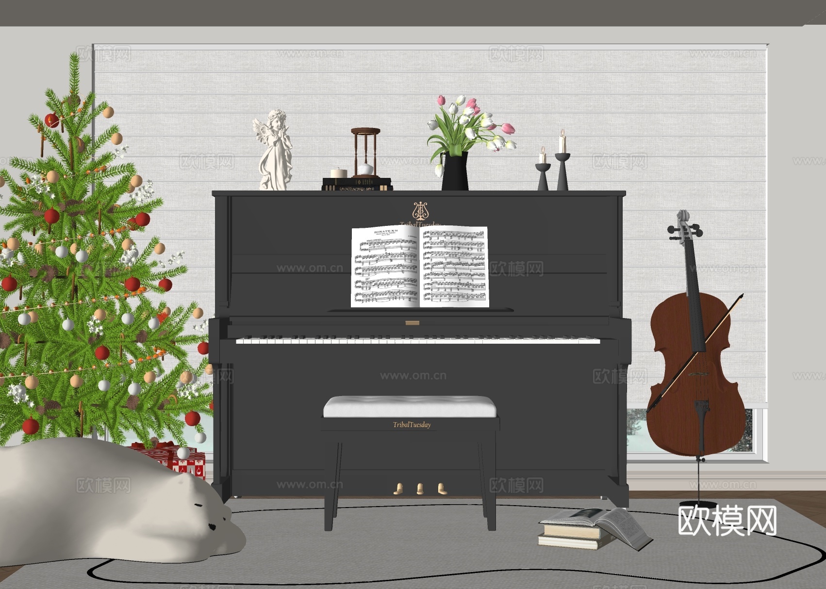钢琴 电子钢琴 小提琴 乐器su模型下载（渲染图1）