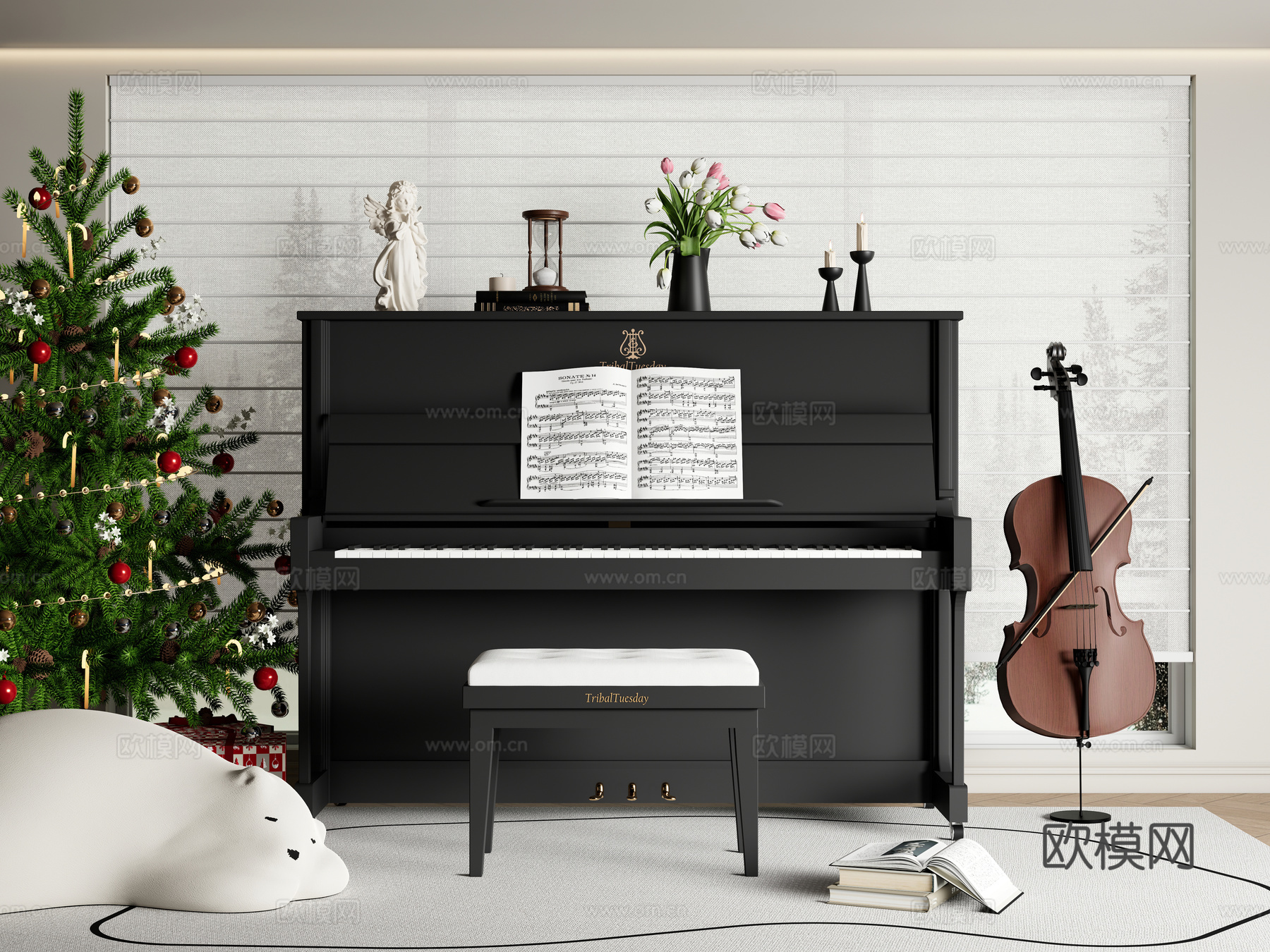钢琴 电子钢琴 小提琴 乐器su模型下载（渲染图2）