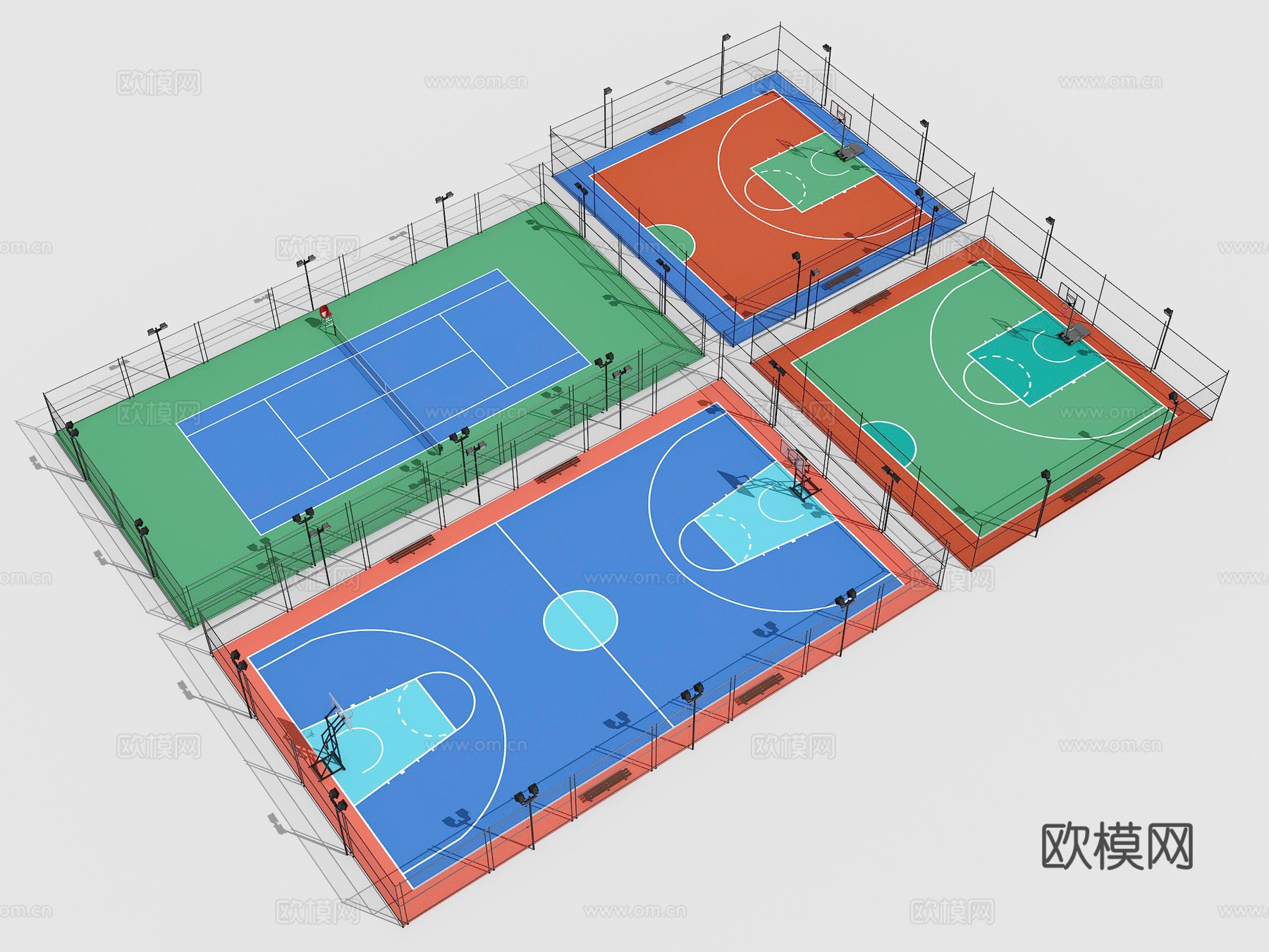 现代户外球场 篮球场 运动场地 网球场3d模型