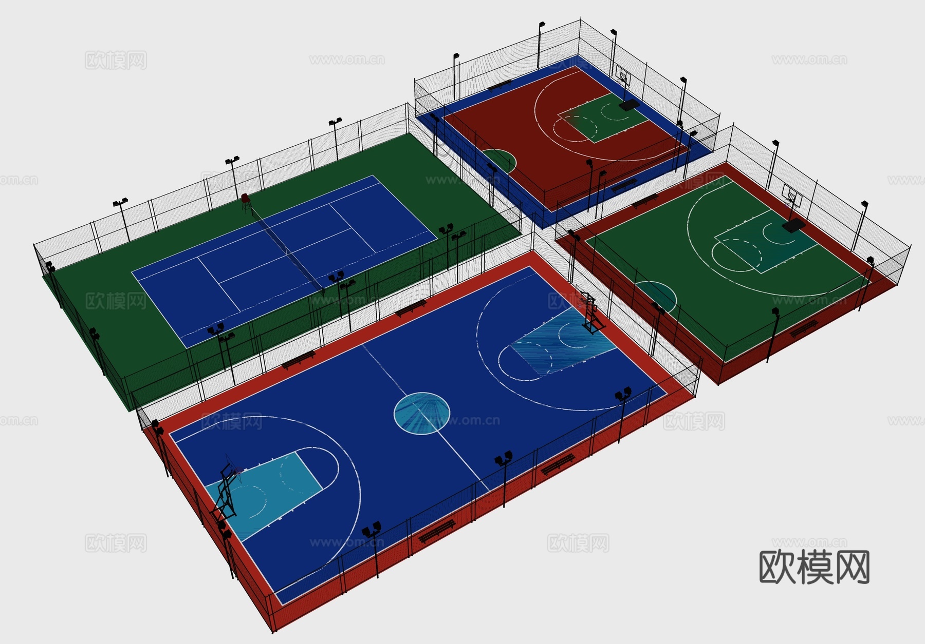 现代户外球场 篮球场su模型