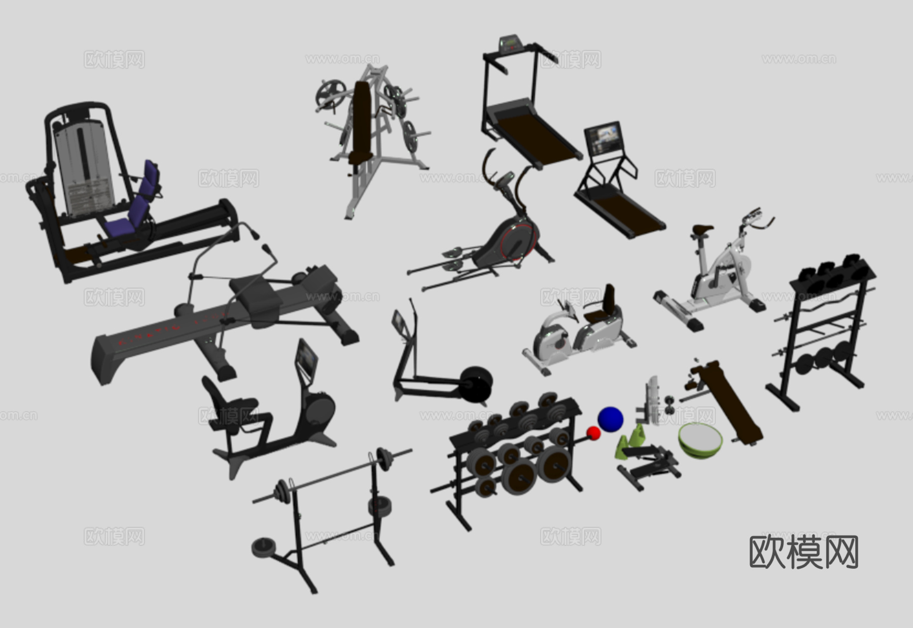 健身器材 跑步机 哑铃su模型