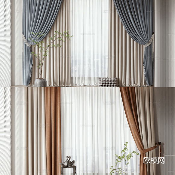 现代窗帘 窗纱3d模型下载(渲染图1)