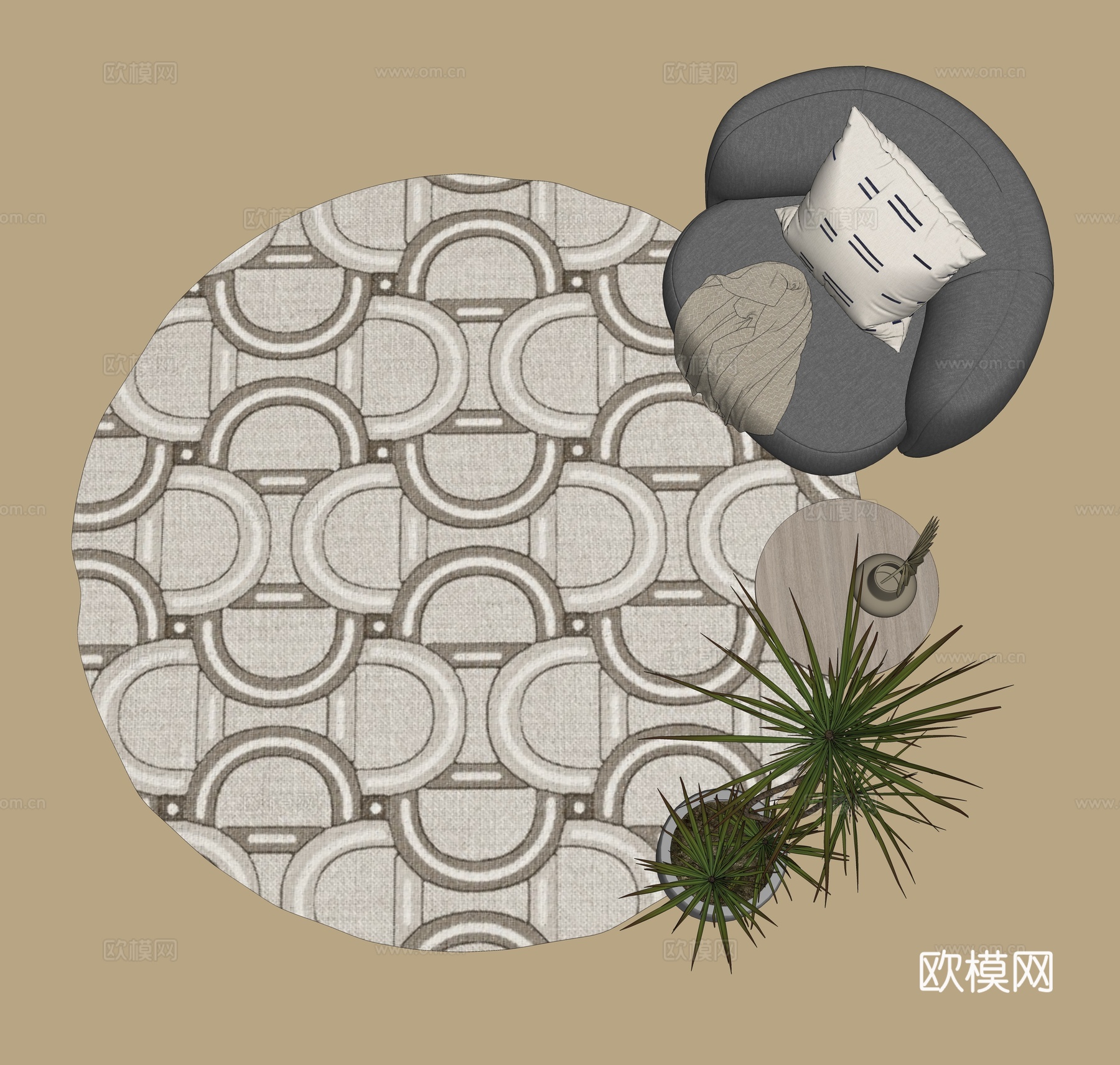 现代圆形地毯su模型下载（渲染图1）