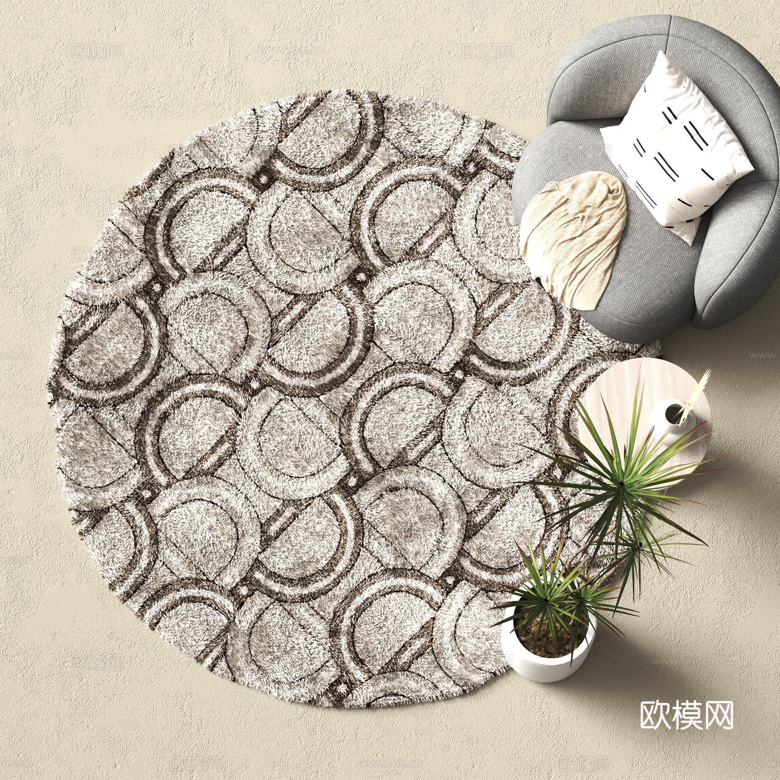 现代圆形地毯su模型下载（渲染图2）