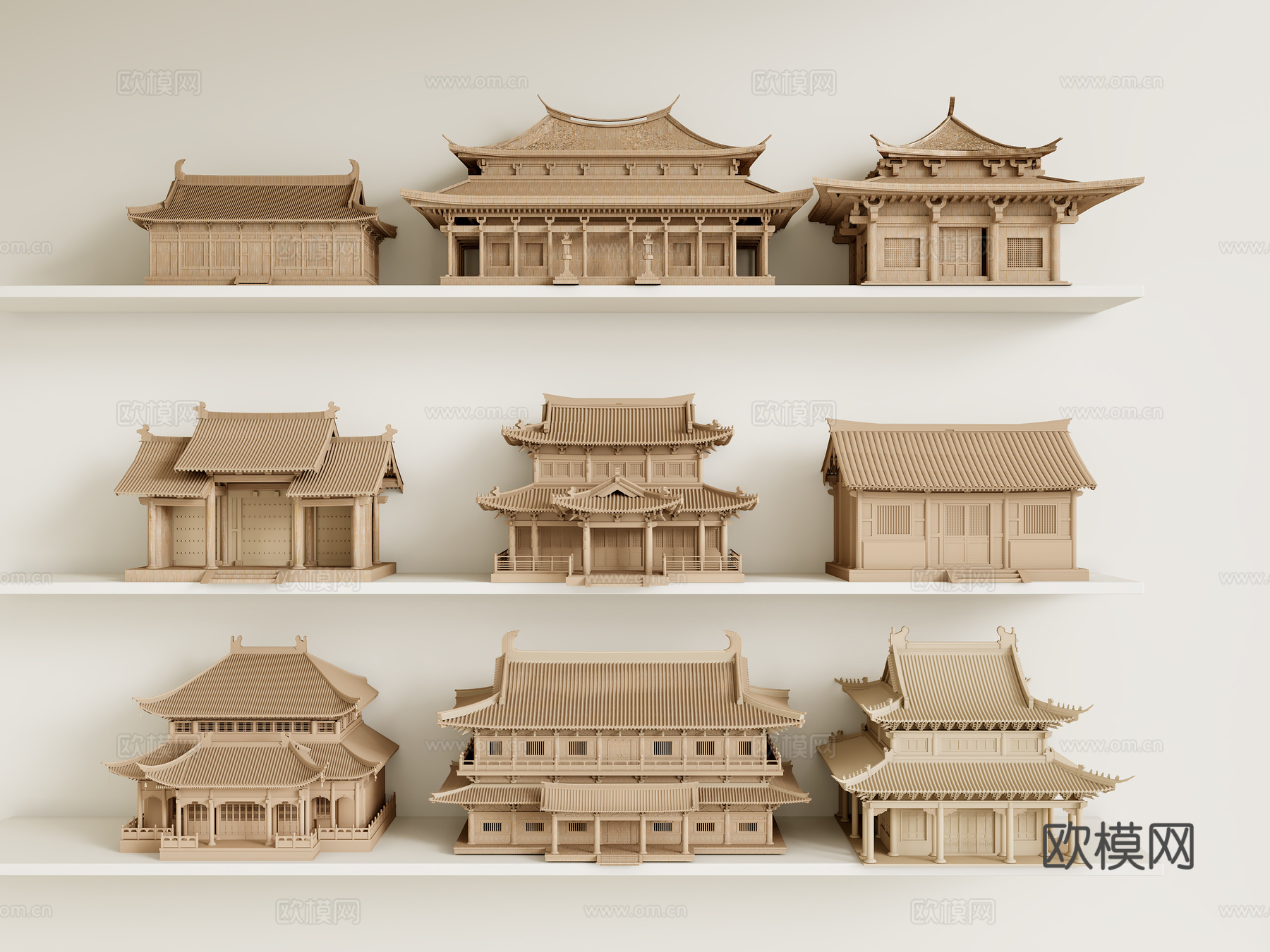 新中式木雕摆件 古建筑摆件 玄关摆件3d模型