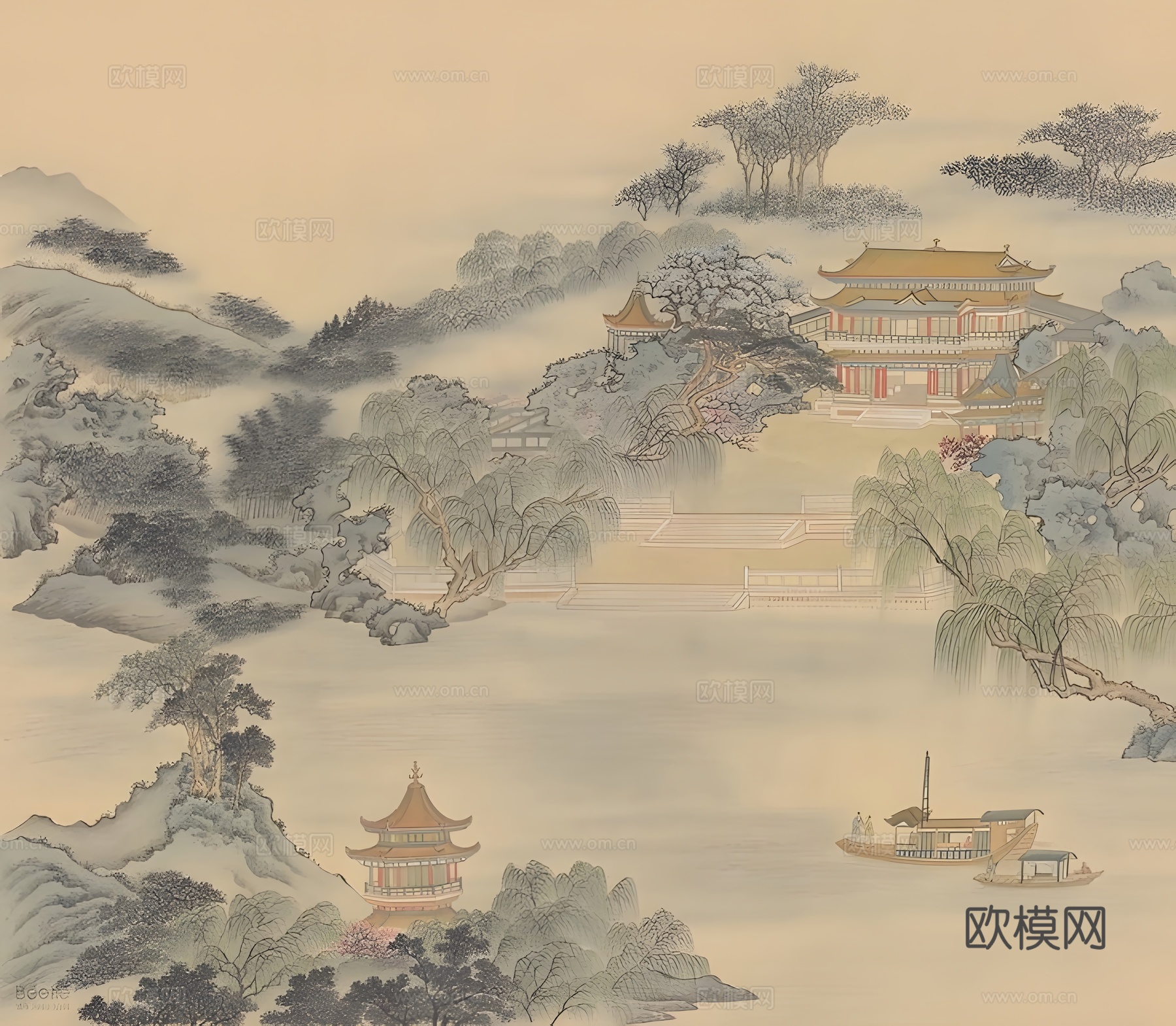 中式古画硬包图案贴图下载