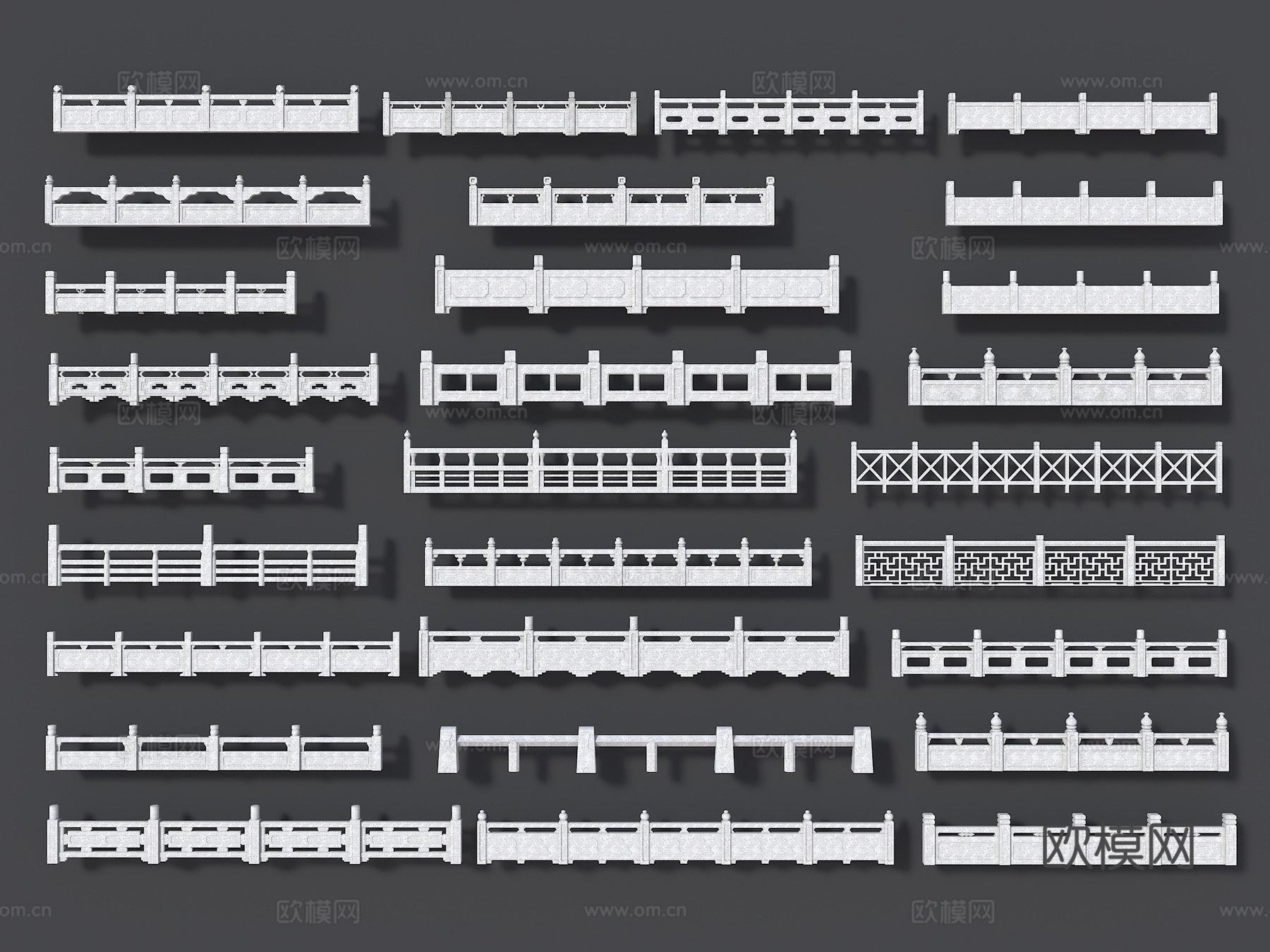 中式石栏杆 桥栏杆 河道护栏 栏杆 汉白玉栏杆 石头栏杆3d模型