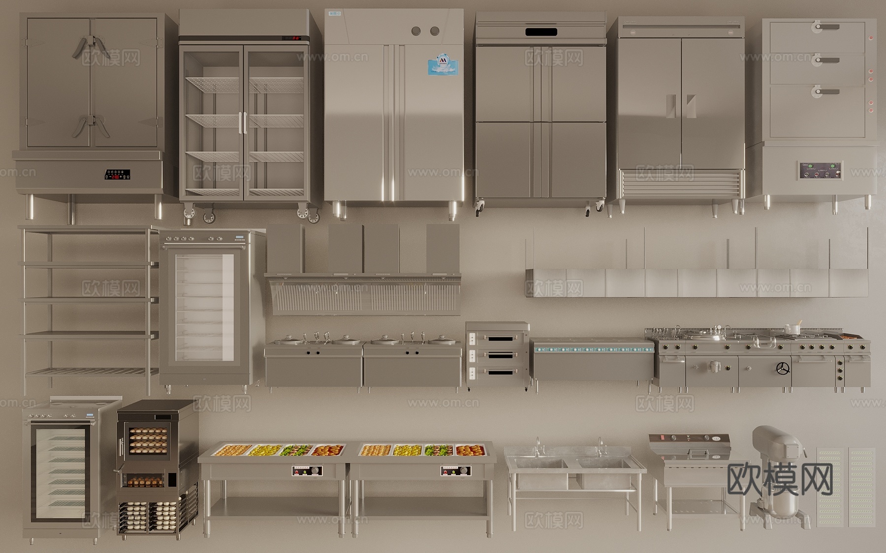 现代后厨设备 后厨操作台 不锈钢厨具 厨房设备 冷藏柜3d模型