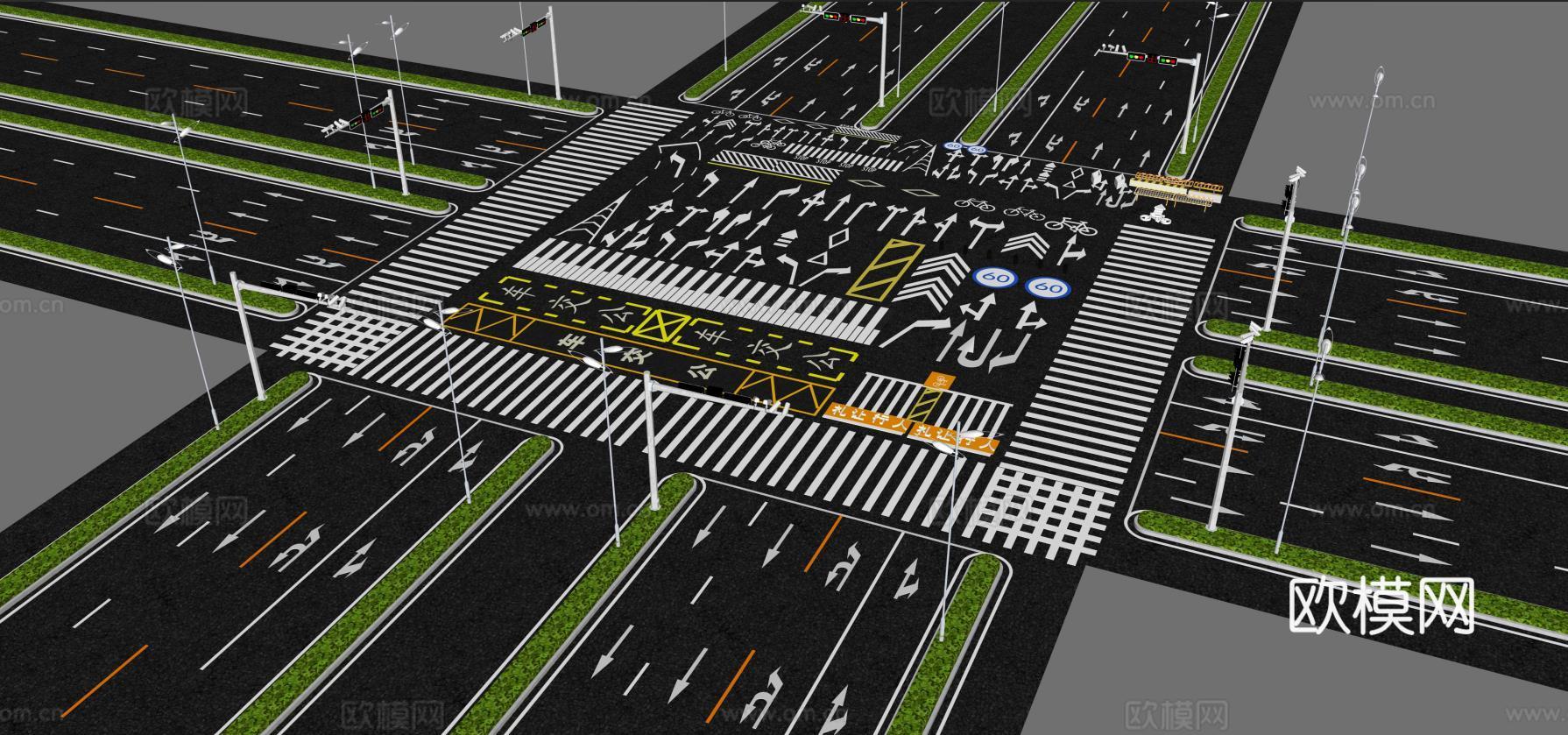 路灯 地面标识 转弯 人行道su模型