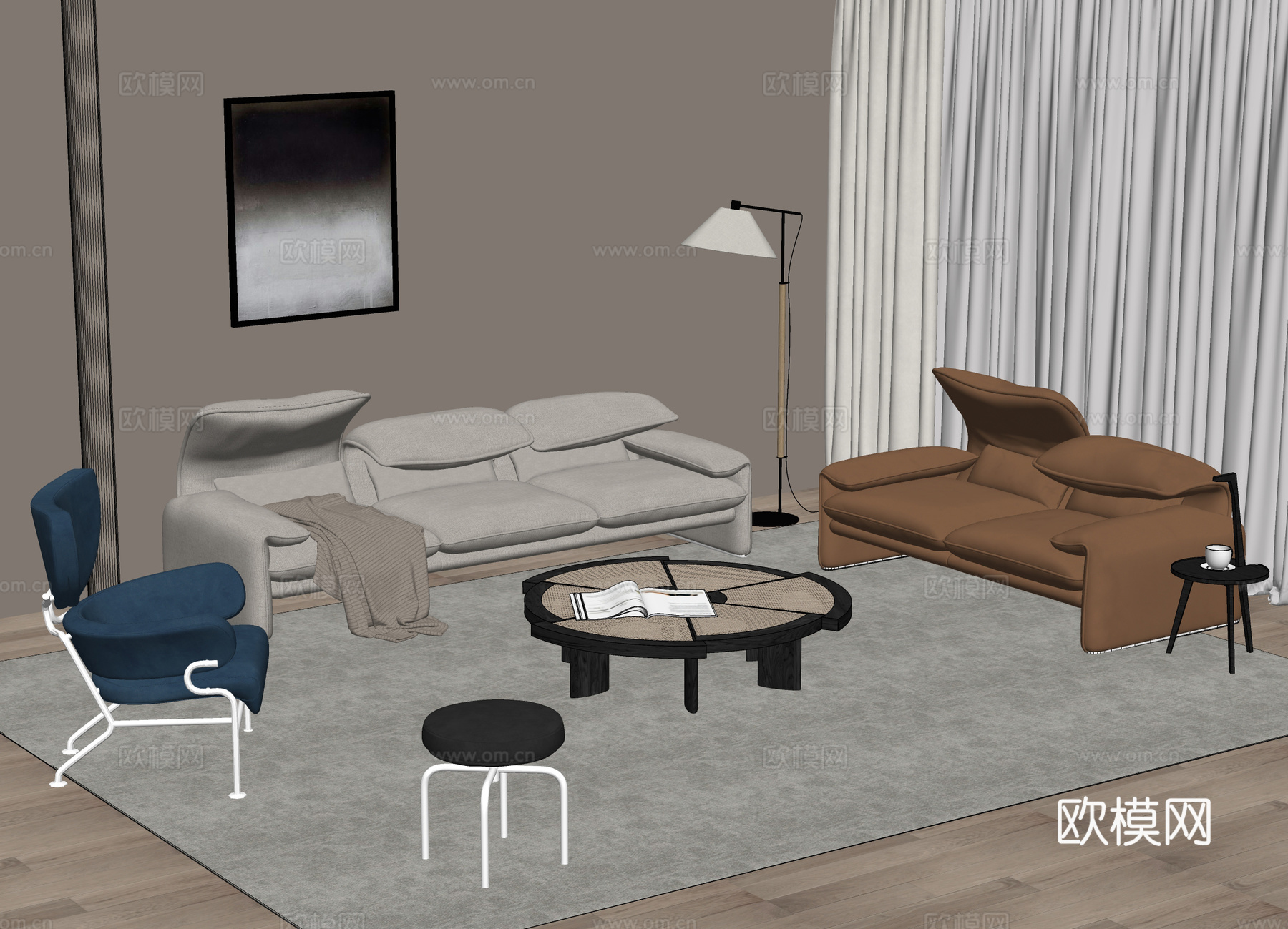 现代组合沙发su模型下载（渲染图1）