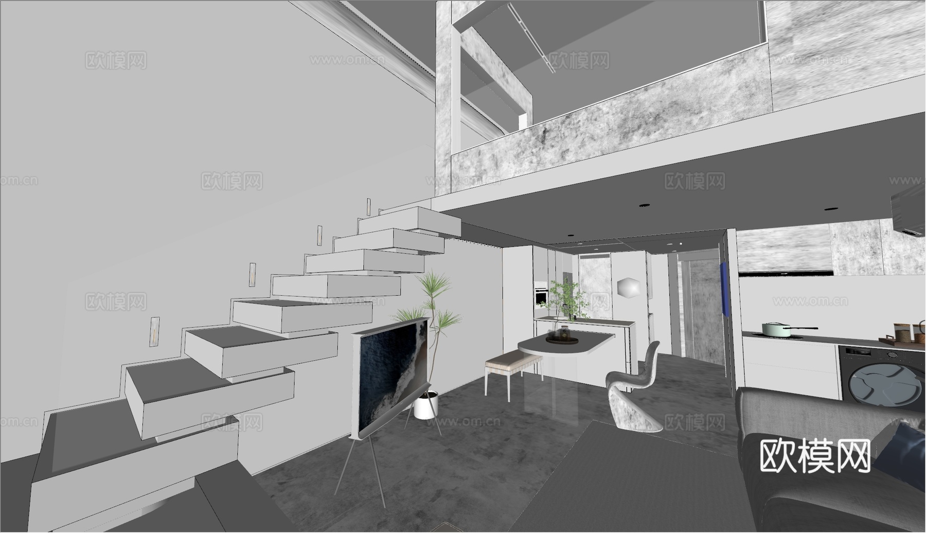 现代年轻单身公寓 酒店式公寓su模型下载（渲染图1）