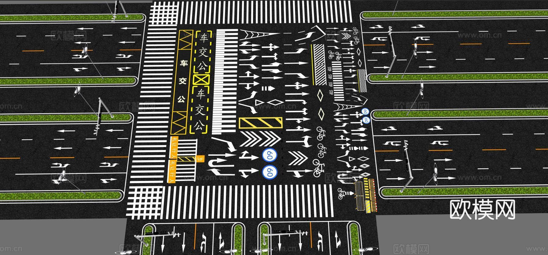 路灯 地面标识 转弯 人行道su模型