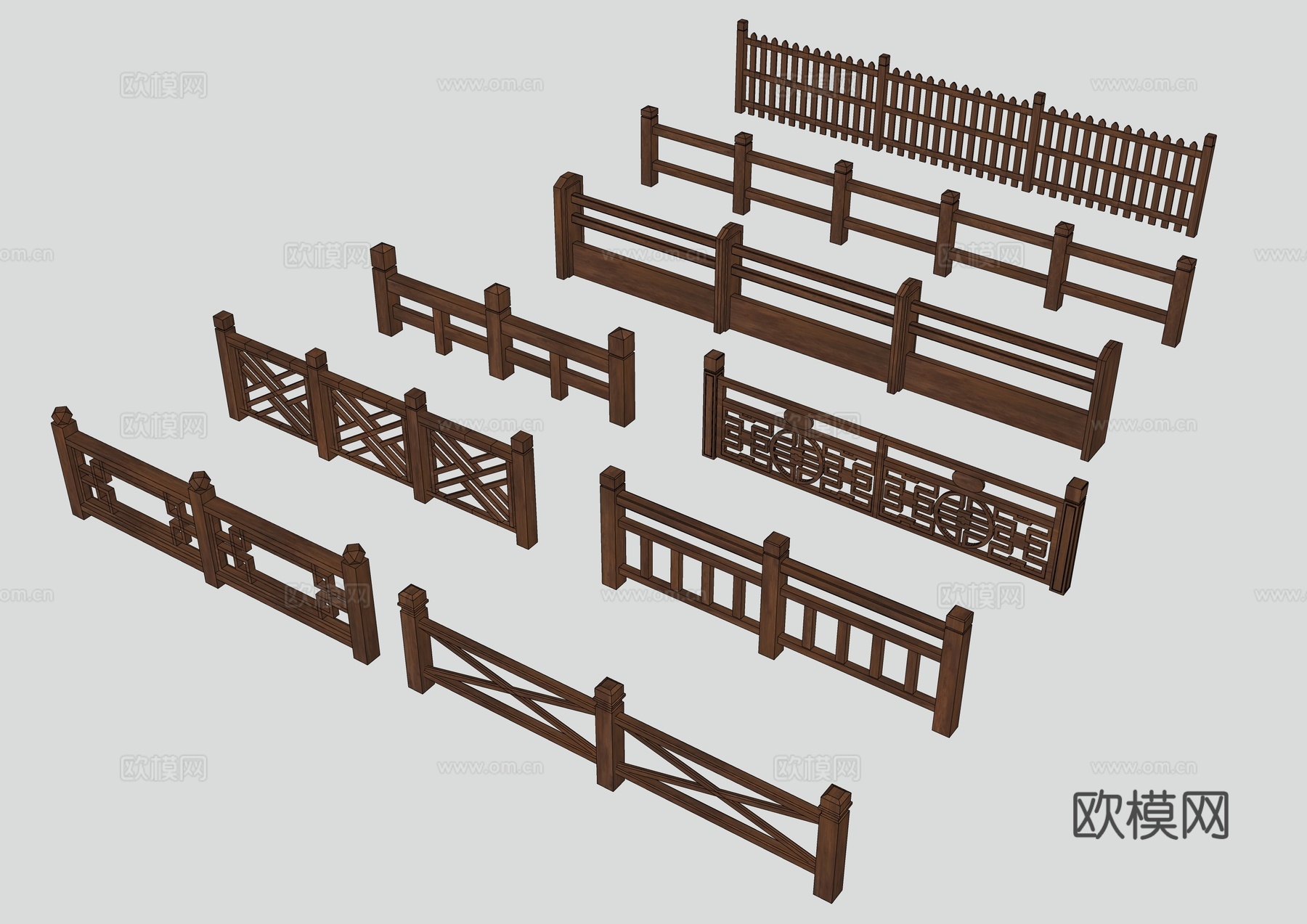 中式木栏杆 围栏 栅栏 篱笆 护栏su模型