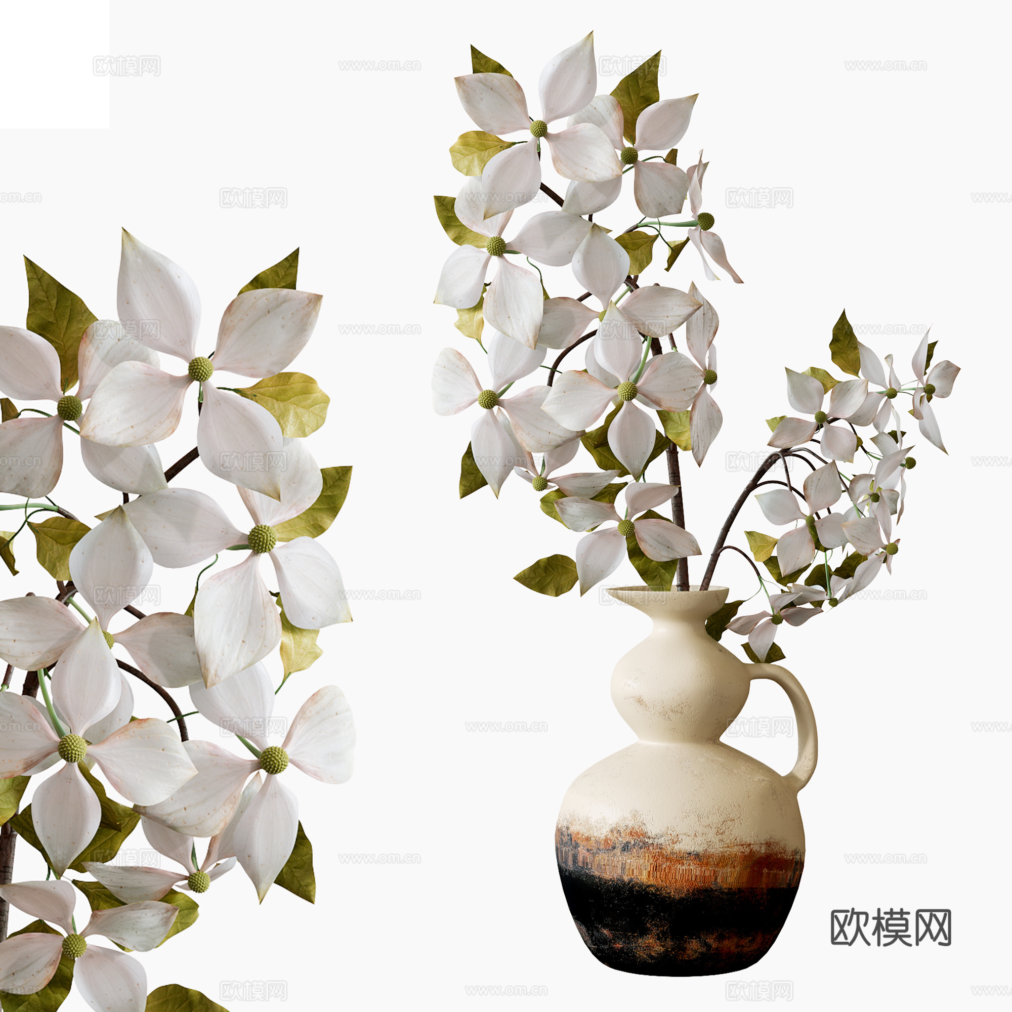 现代花艺摆件 陶罐花瓶 鲜花 花卉3d模型