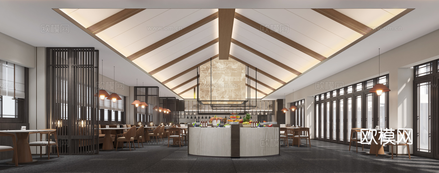 新中式自助餐厅 全日制餐厅3d模型下载（渲染图2）