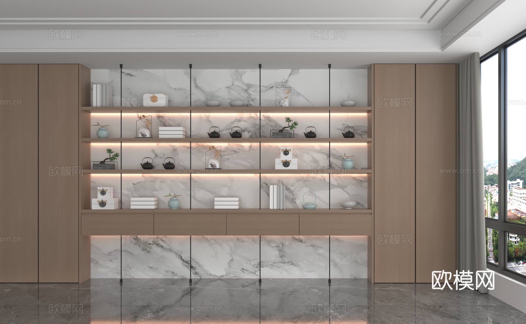 现代书柜 整墙背景柜3d模型下载