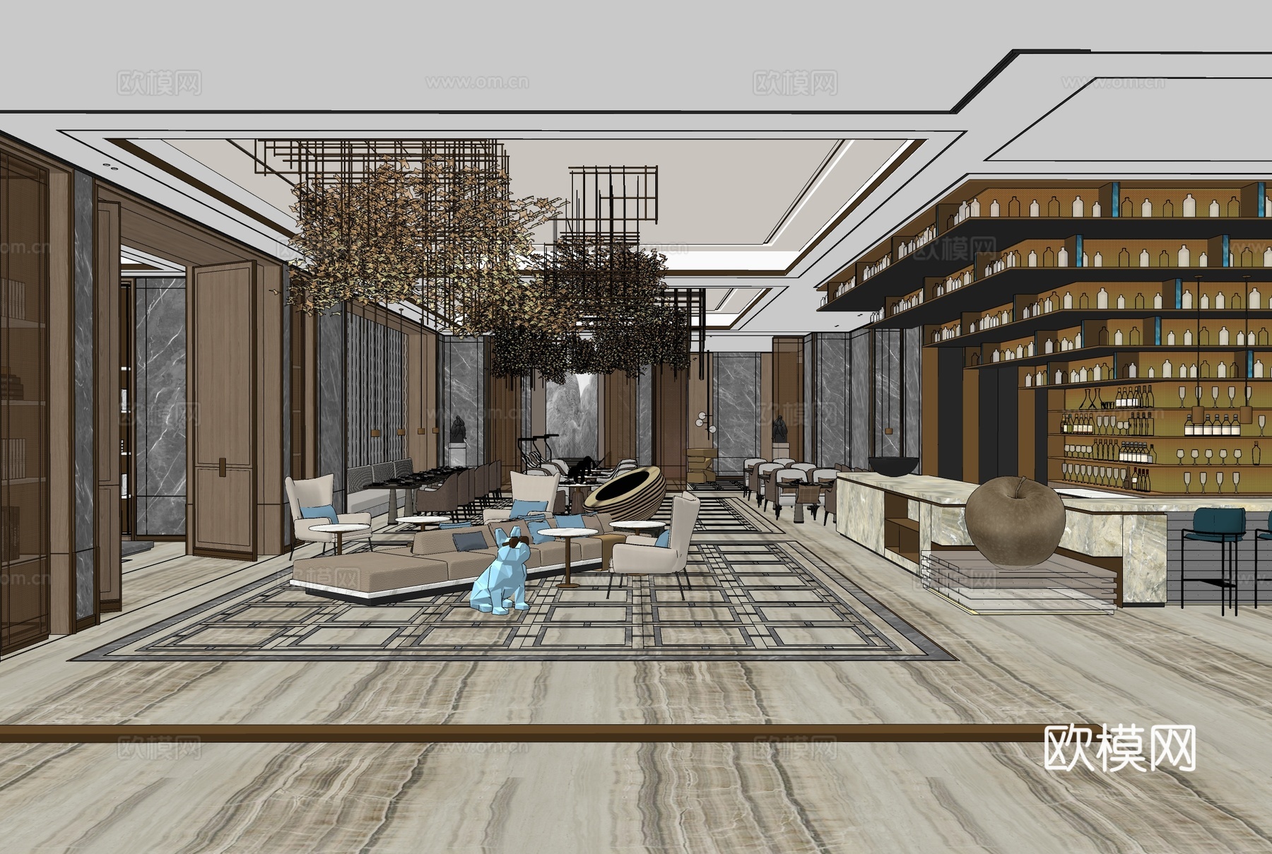 轻奢会所餐厅 酒店餐厅su模型下载（渲染图1）