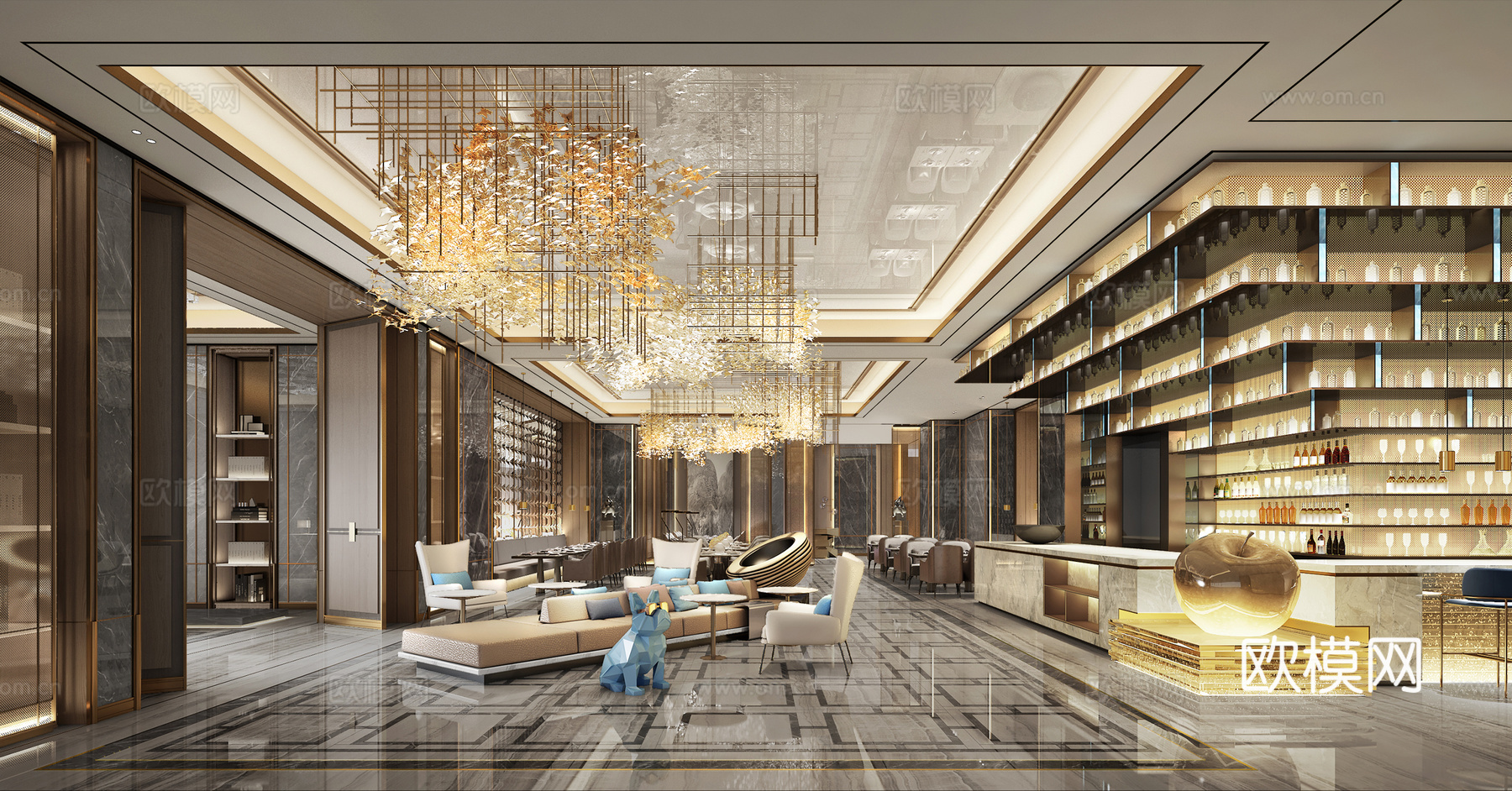 轻奢会所餐厅 酒店餐厅su模型下载（渲染图2）