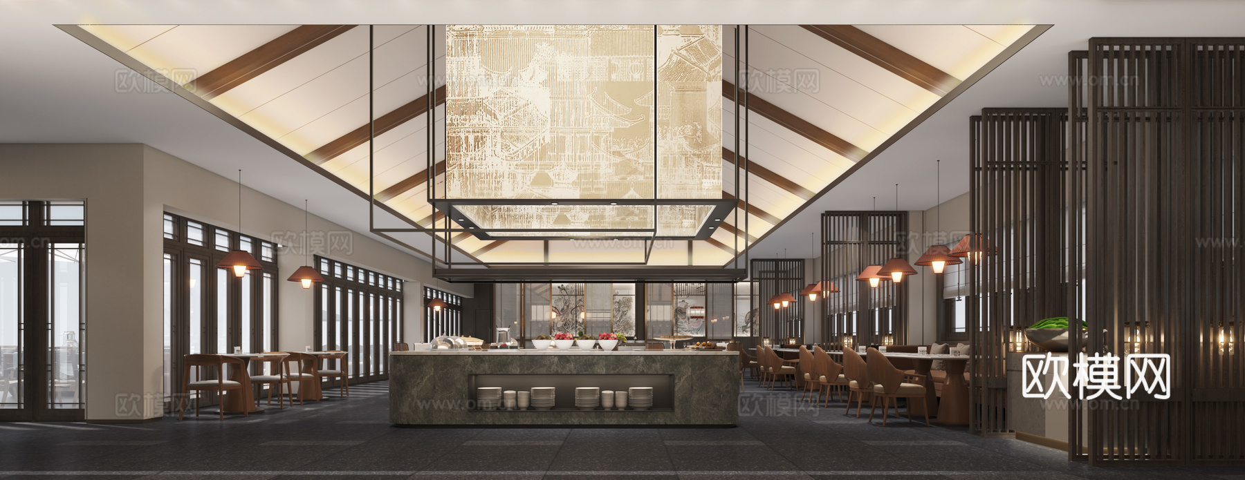 新中式自助餐厅 全日制餐厅3d模型下载（渲染图1）