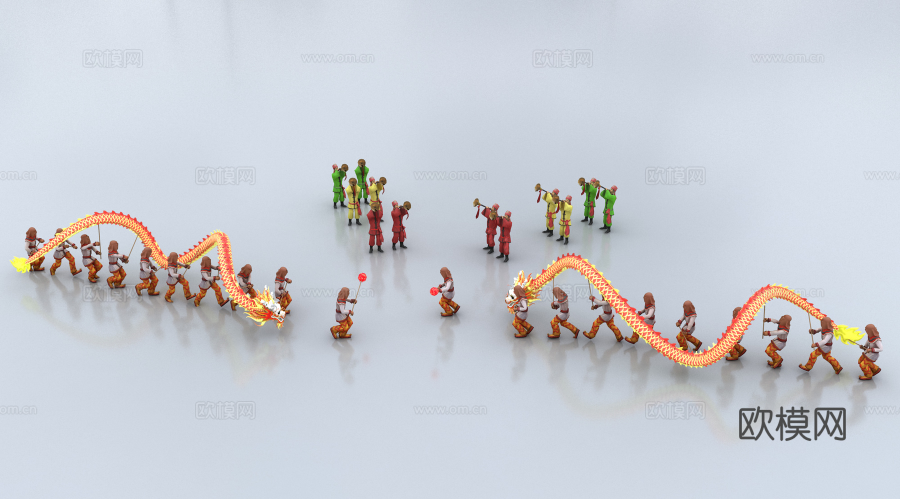 中式节日 舞龙人 表演人物3d模型下载（渲染图3）