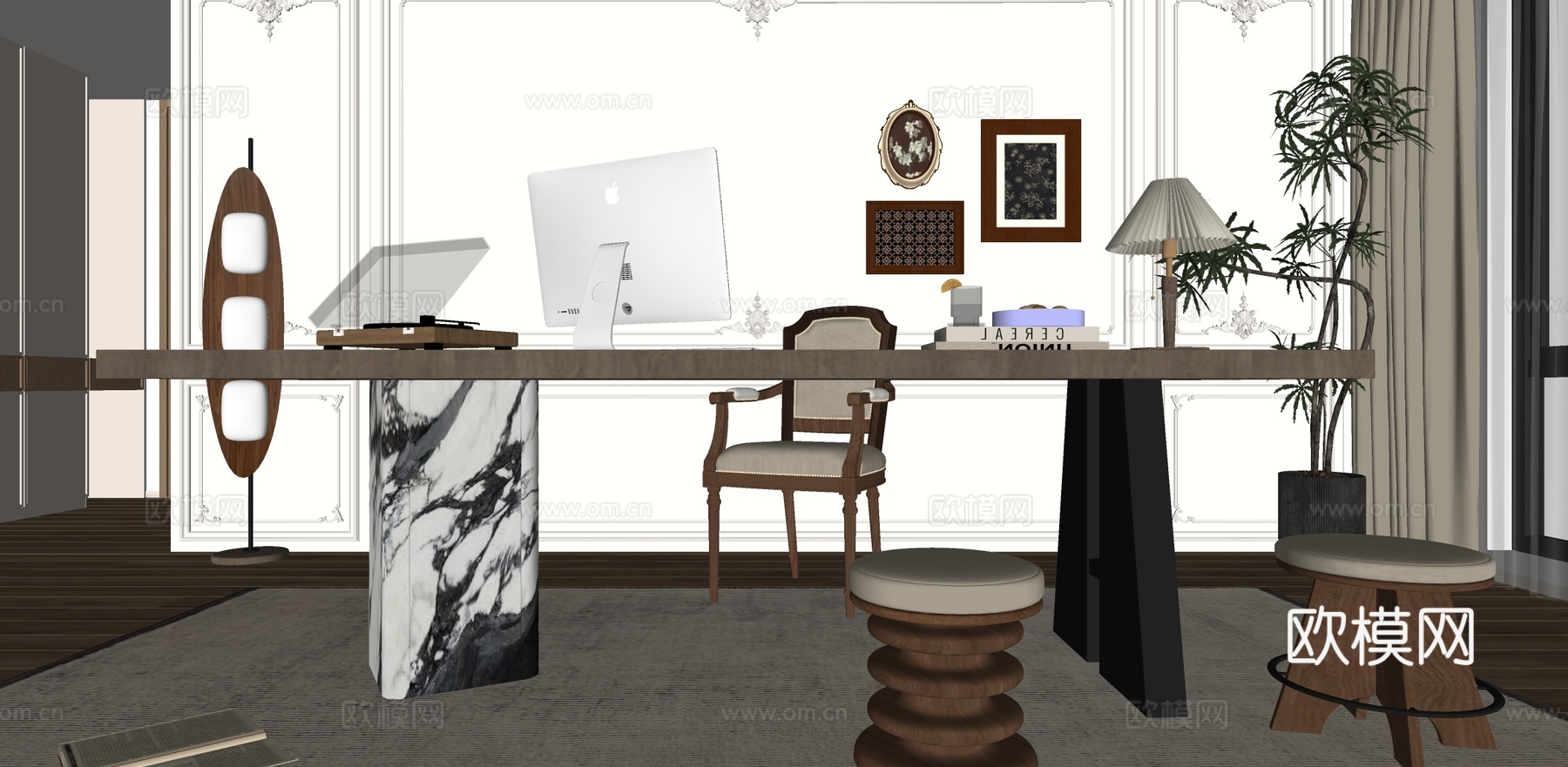 美式复古书房su模型下载（渲染图1）