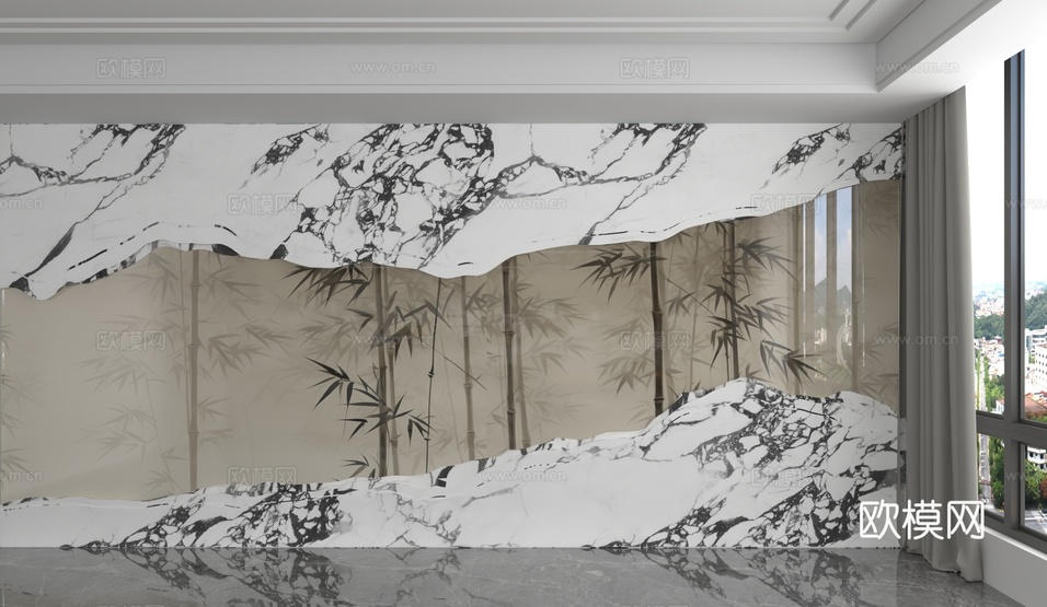 新中式水墨 竹子背景墙3d模型下载