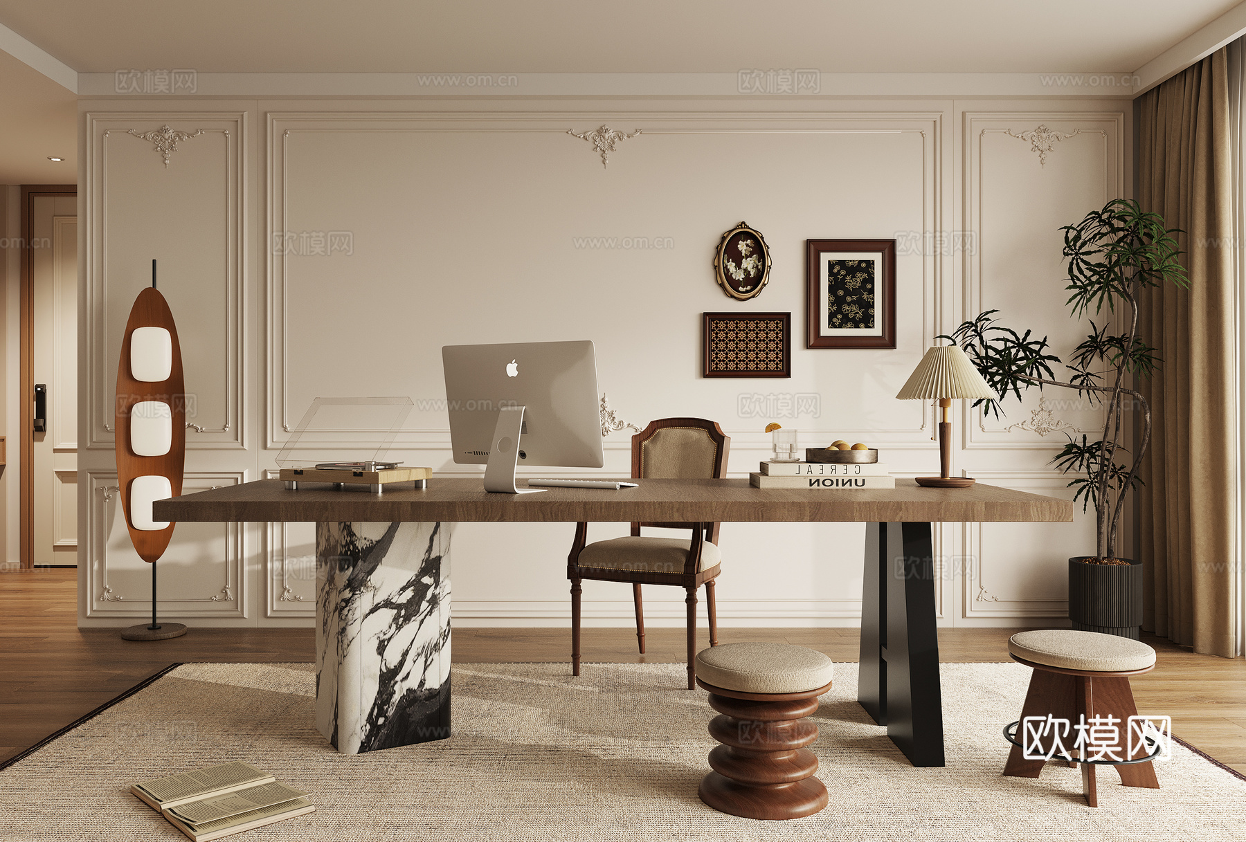 美式复古书房su模型下载（渲染图2）