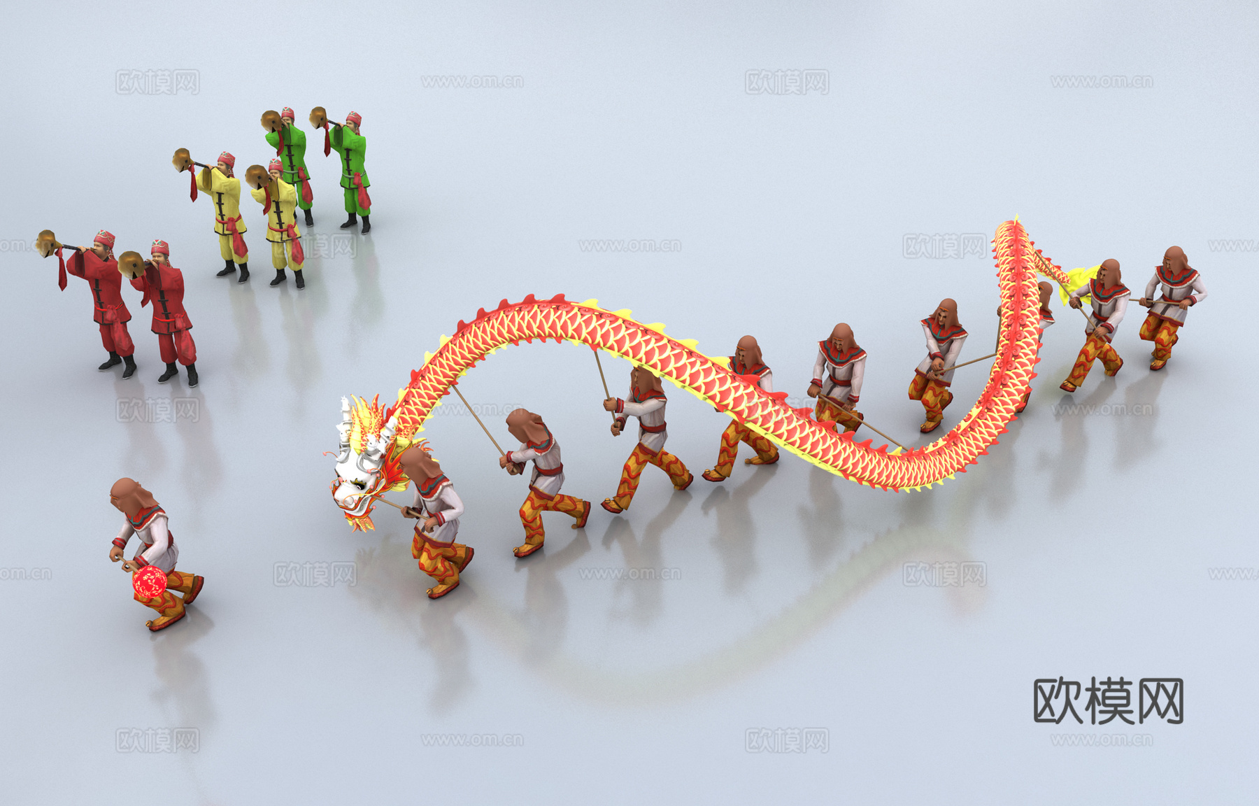 中式节日 舞龙人 表演人物3d模型下载（渲染图1）