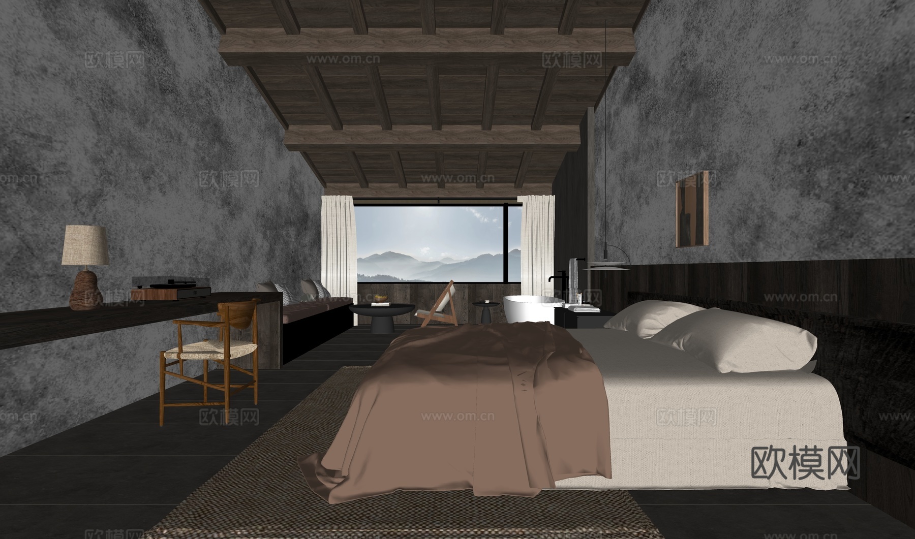 侘寂风民宿 客房卧室su模型下载（渲染图1）