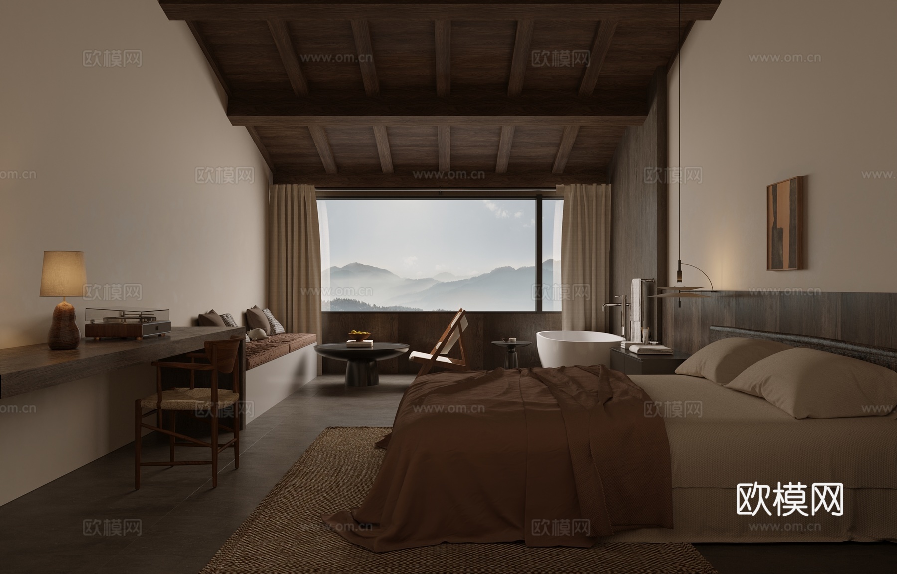 侘寂风民宿 客房卧室su模型下载（渲染图2）