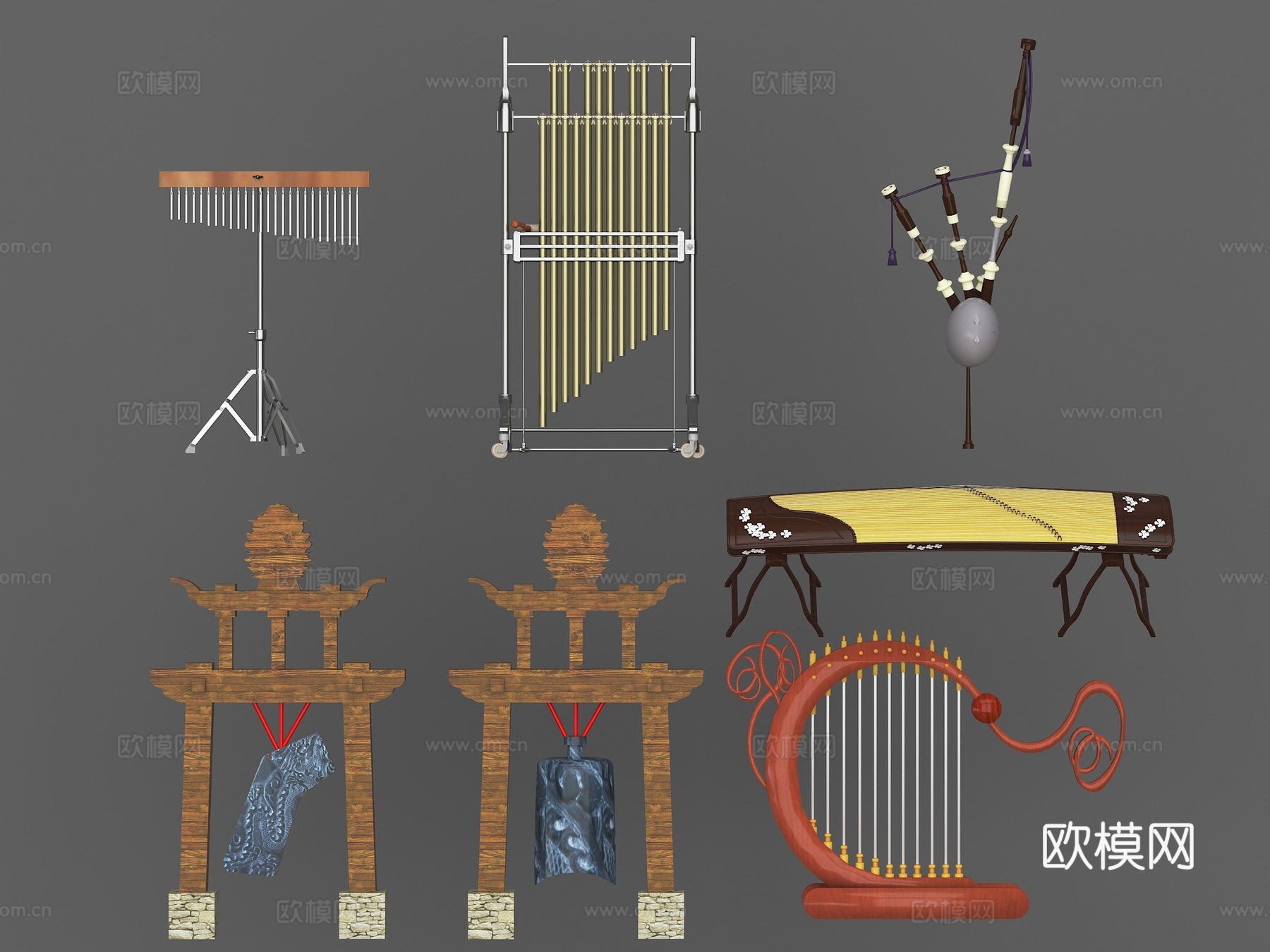 排箫 编钟 古筝 竖琴 少数民族乐器 古代乐器3d模型