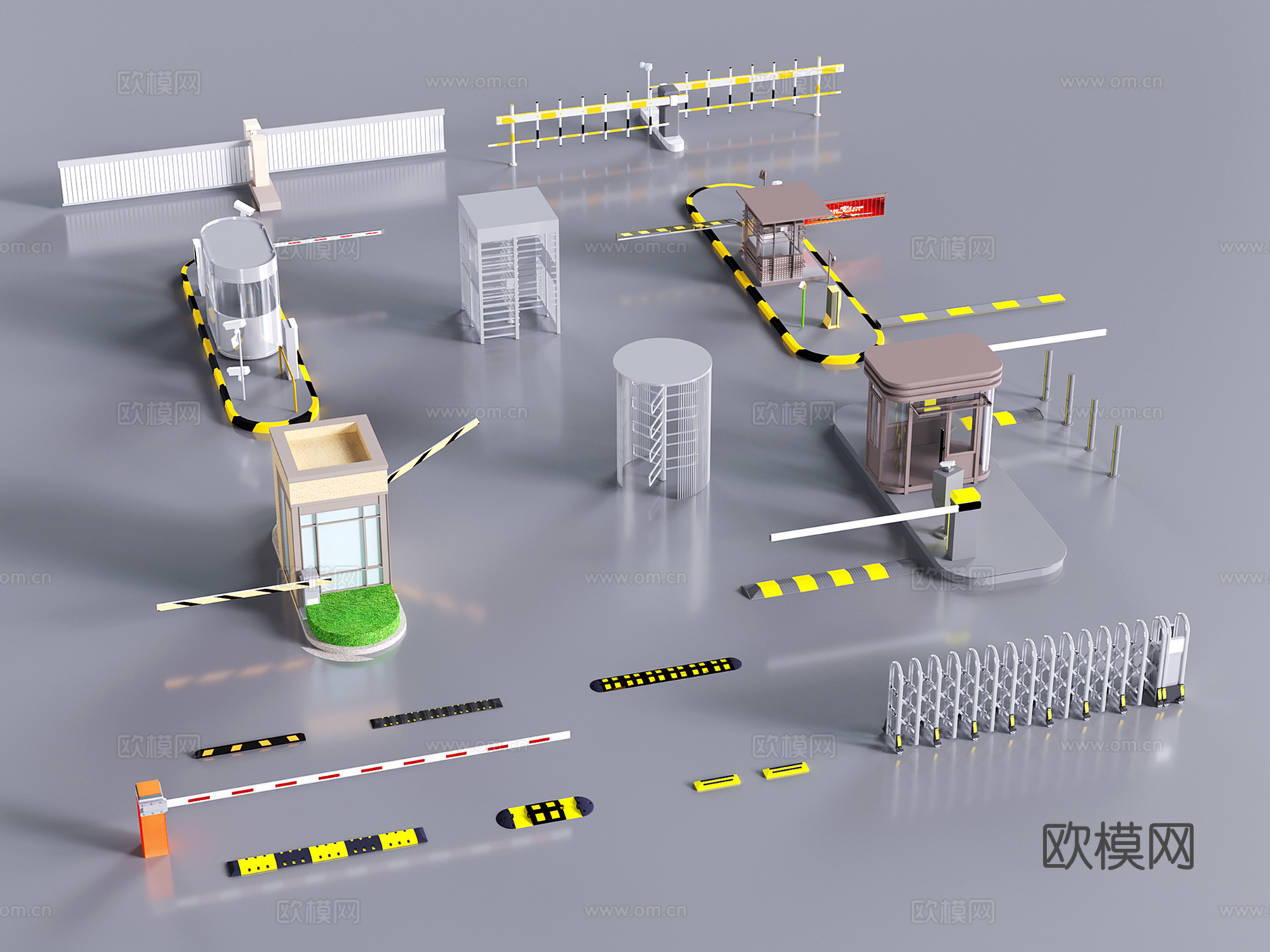 现代道闸 伸缩门 岗亭 停车升降杆3d模型