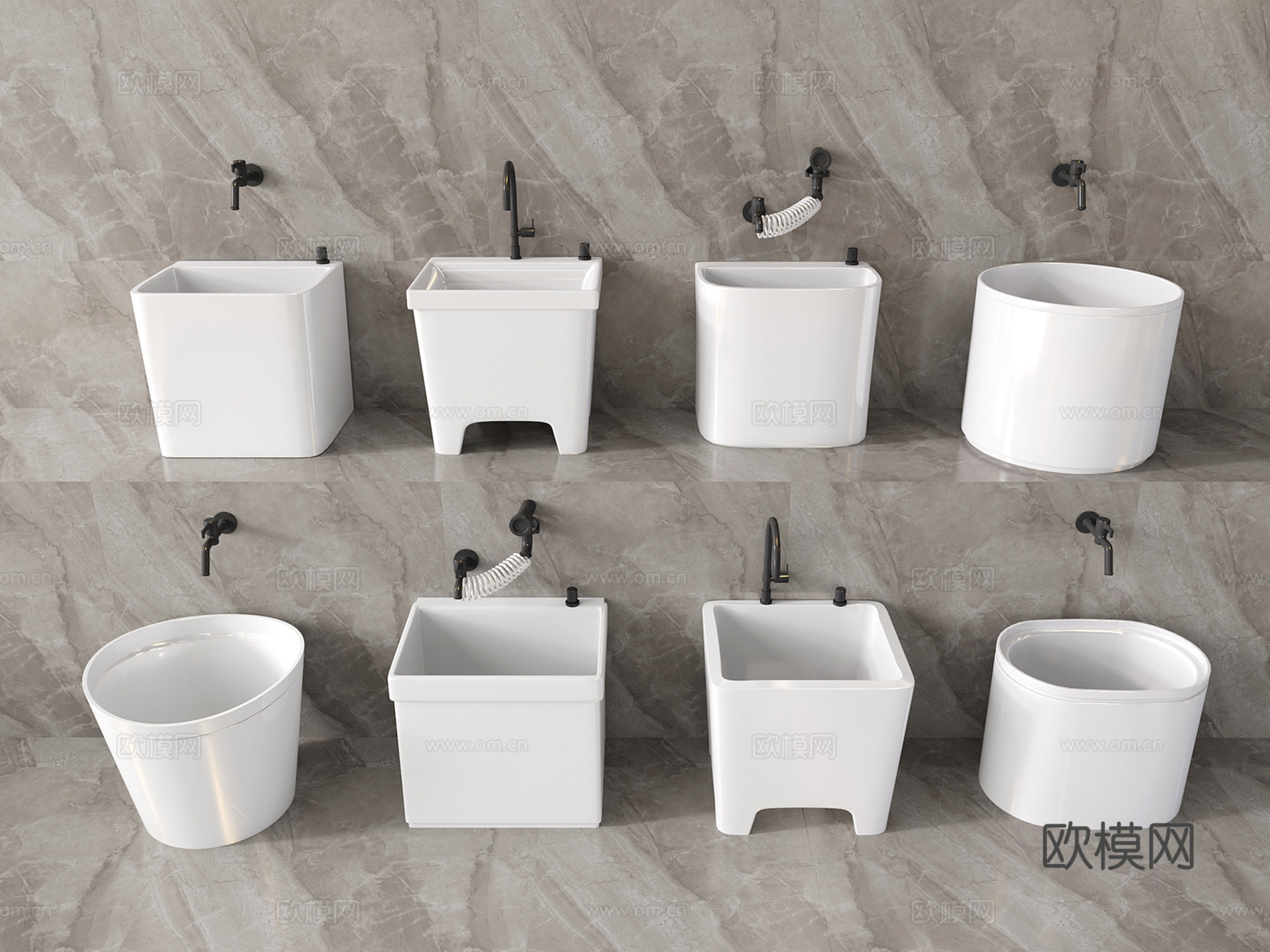 现代陶瓷拖把池 水龙头 拖布池 墩布池su模型下载（渲染图2）