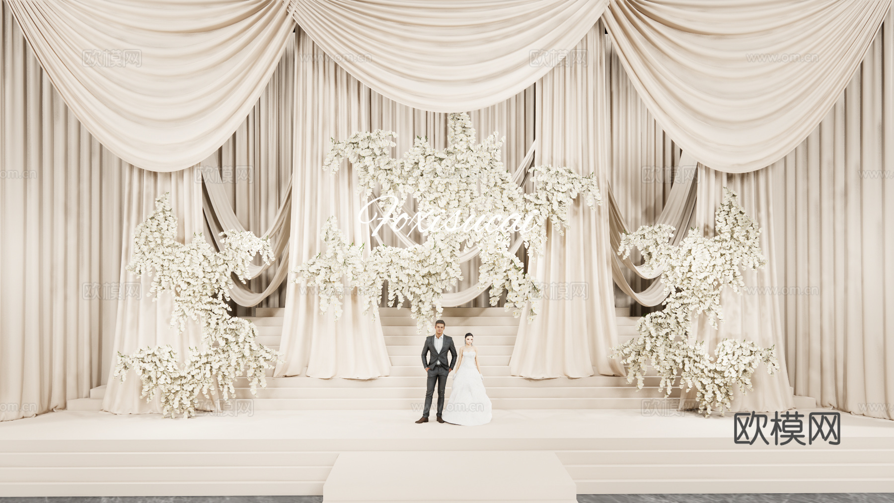 浅香槟色秀场风布幔婚礼su模型下载（渲染图2）