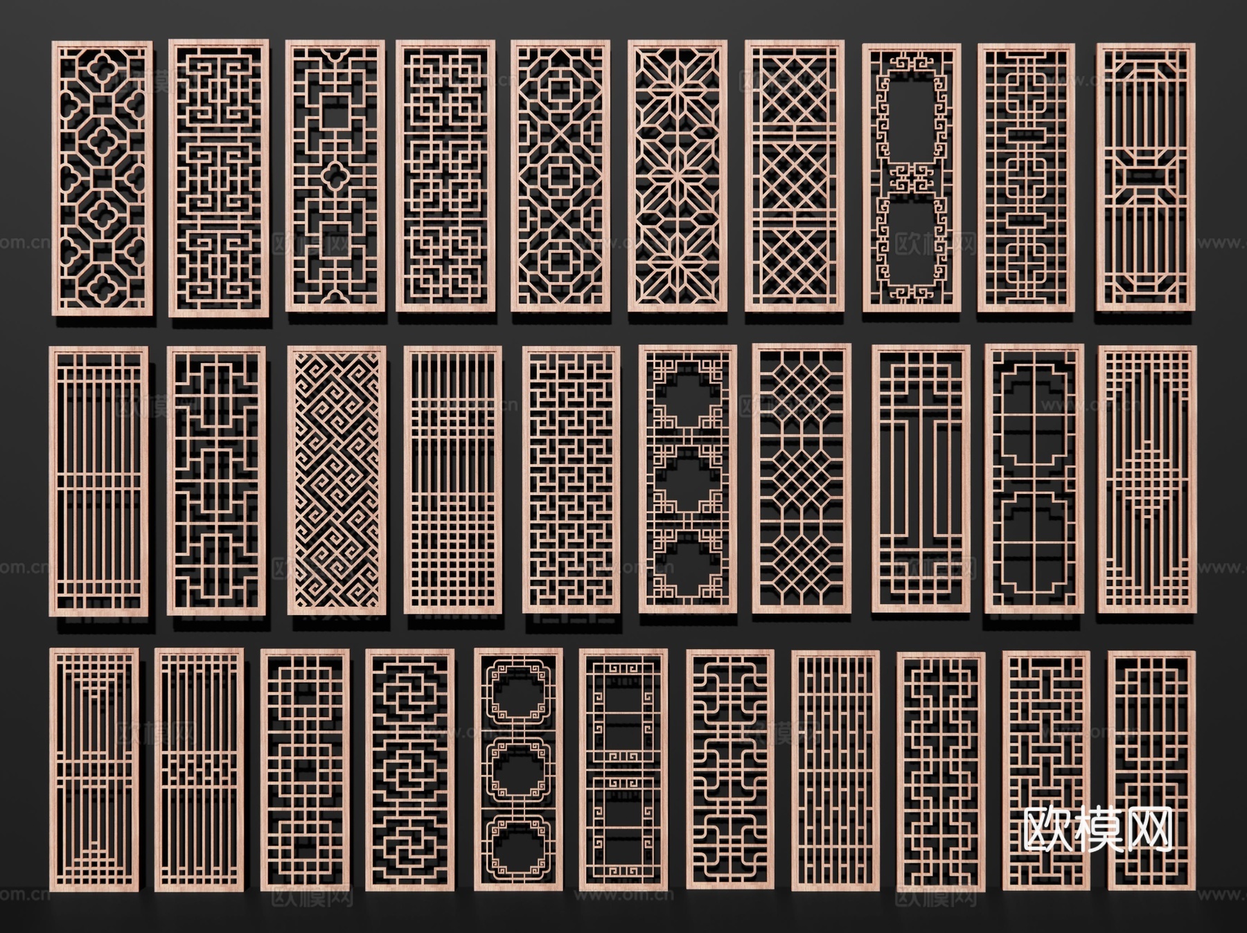 中式屏风隔断 镂空窗格su模型