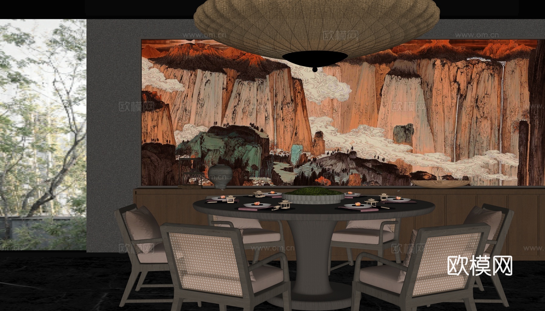 新中式餐厅包厢su模型下载（渲染图1）