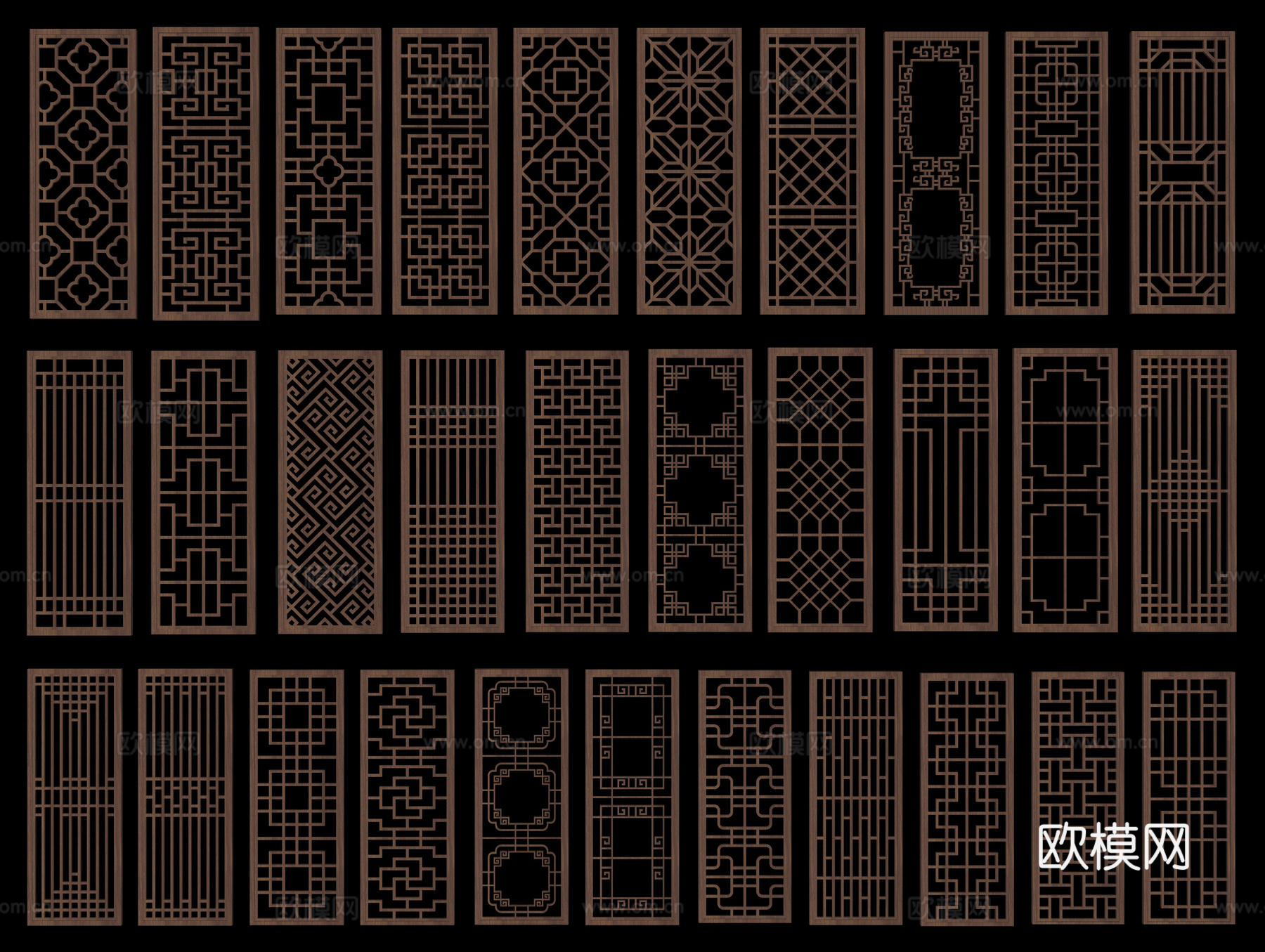 中式屏风隔断 镂空窗格su模型