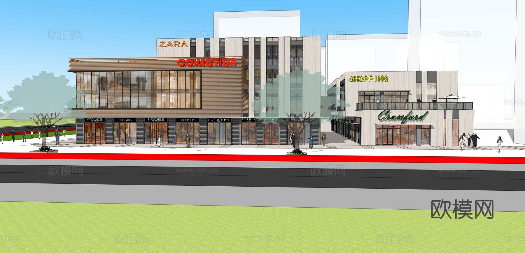 现代商业街 步行街su模型下载（渲染图2）
