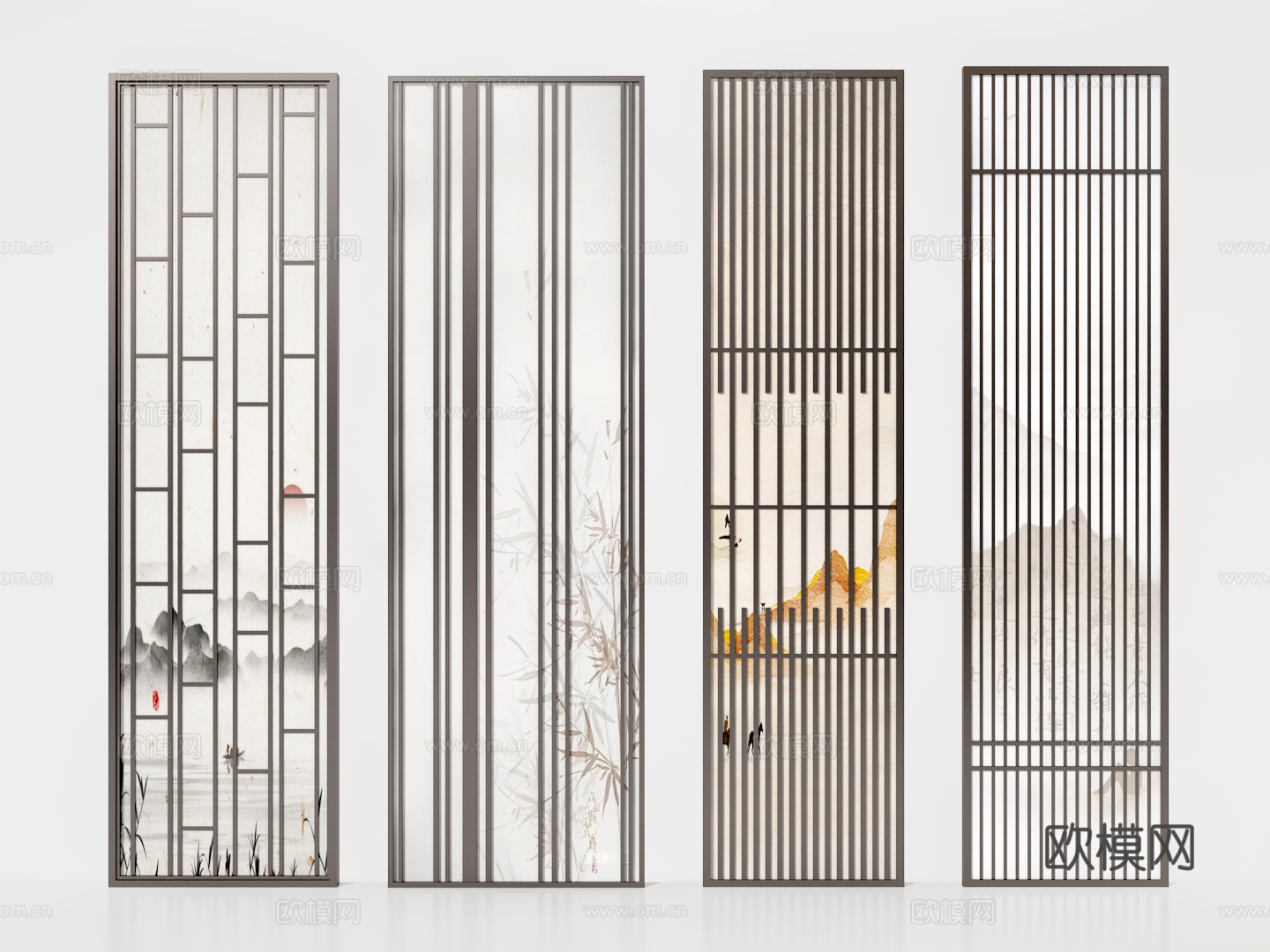 新中式屏风 格栅屏风 壁画屏风3d模型