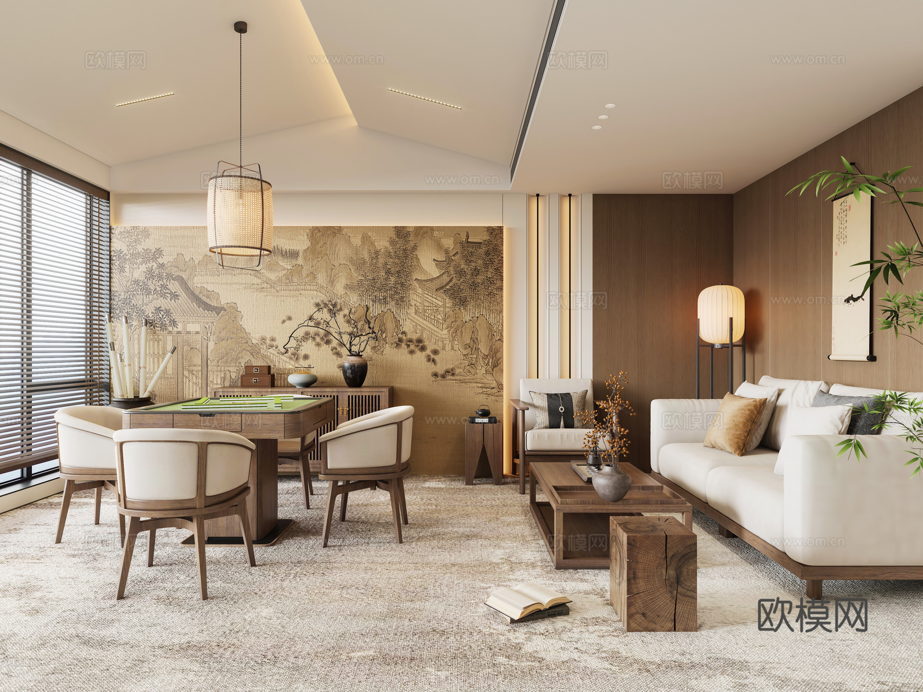 新中式禅意棋牌室su模型下载（渲染图2）