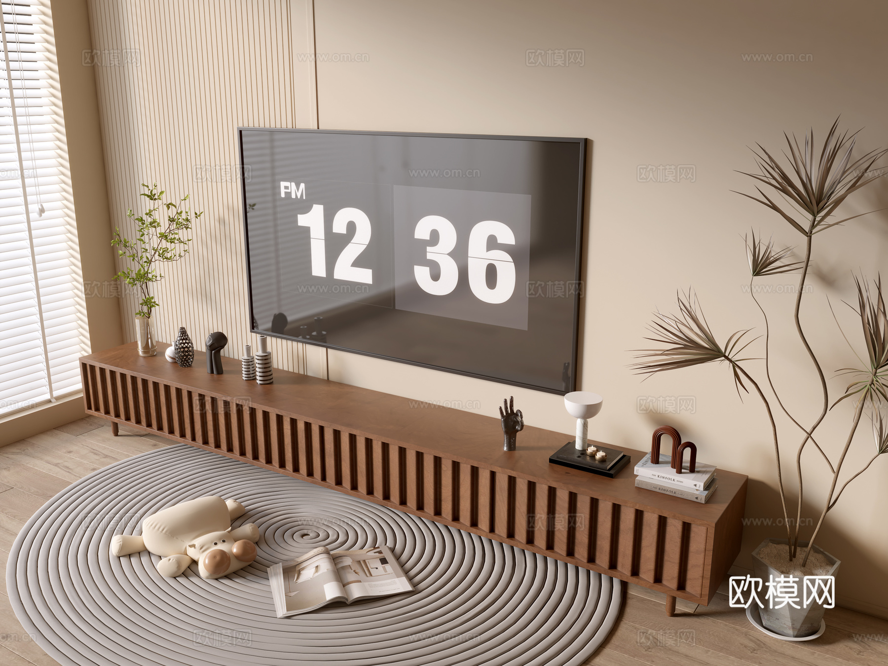 原木风木纹电视柜su模型下载（渲染图2）